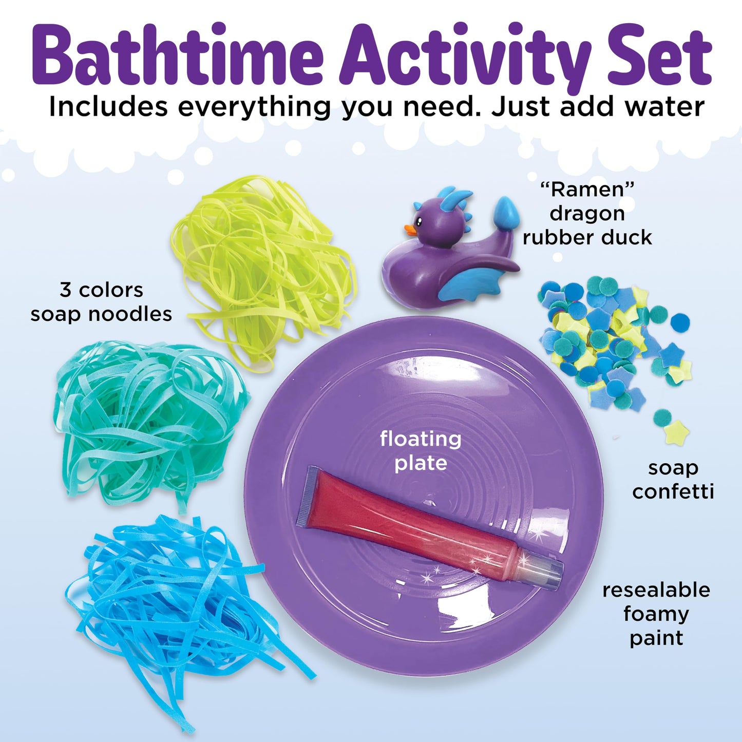 Creativity for Kids Soap Noodles Dragon’s Dinner Bath Set | Sensory Bath Toys for Kids | Mix, Layer & Play with Colorful Soap Noodles, Foamy Soap Sauce & Confetti (Ages 3+)