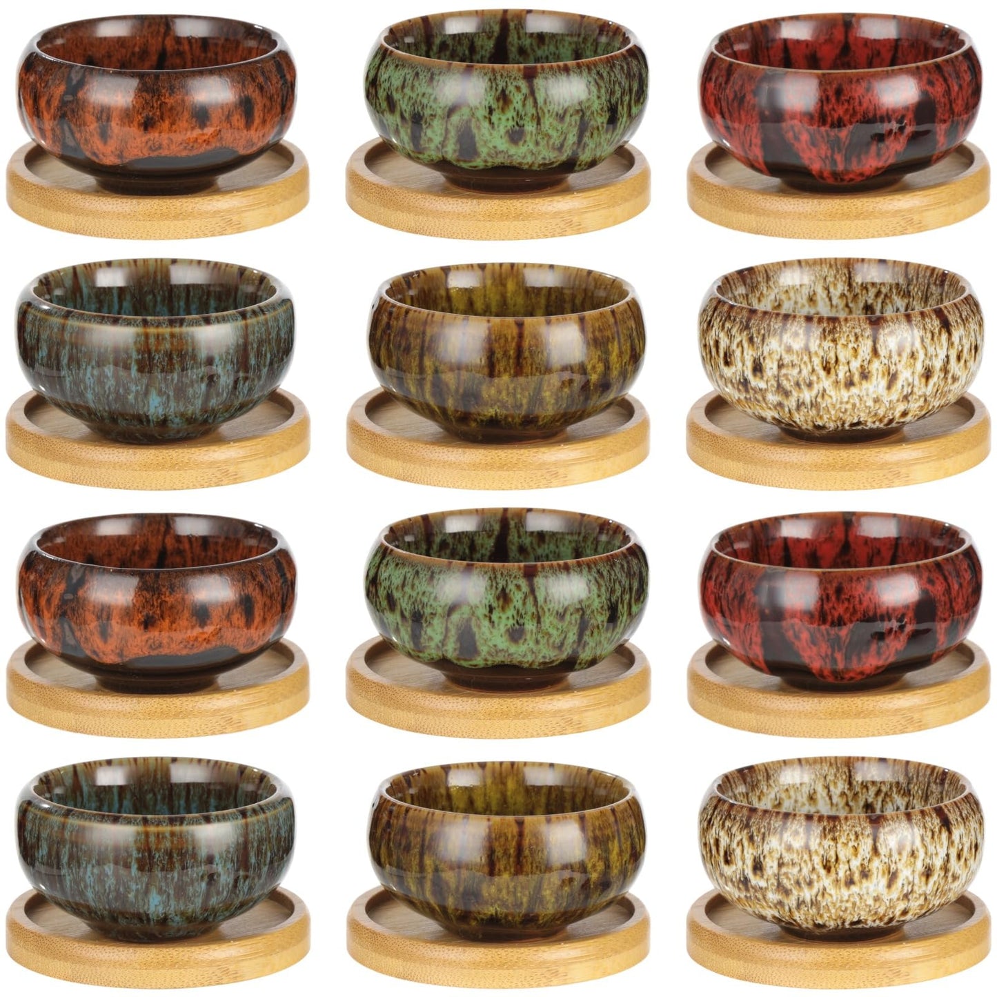 OMISTAR 12 PCS Mini Ceramic Succulent Pots 2.5 in, Colorful Glazed Planters with Drainage Hole, Small Round Flower Pots with Bamboo Trays, Indoor Desktop Windowsill Plant Pot Set