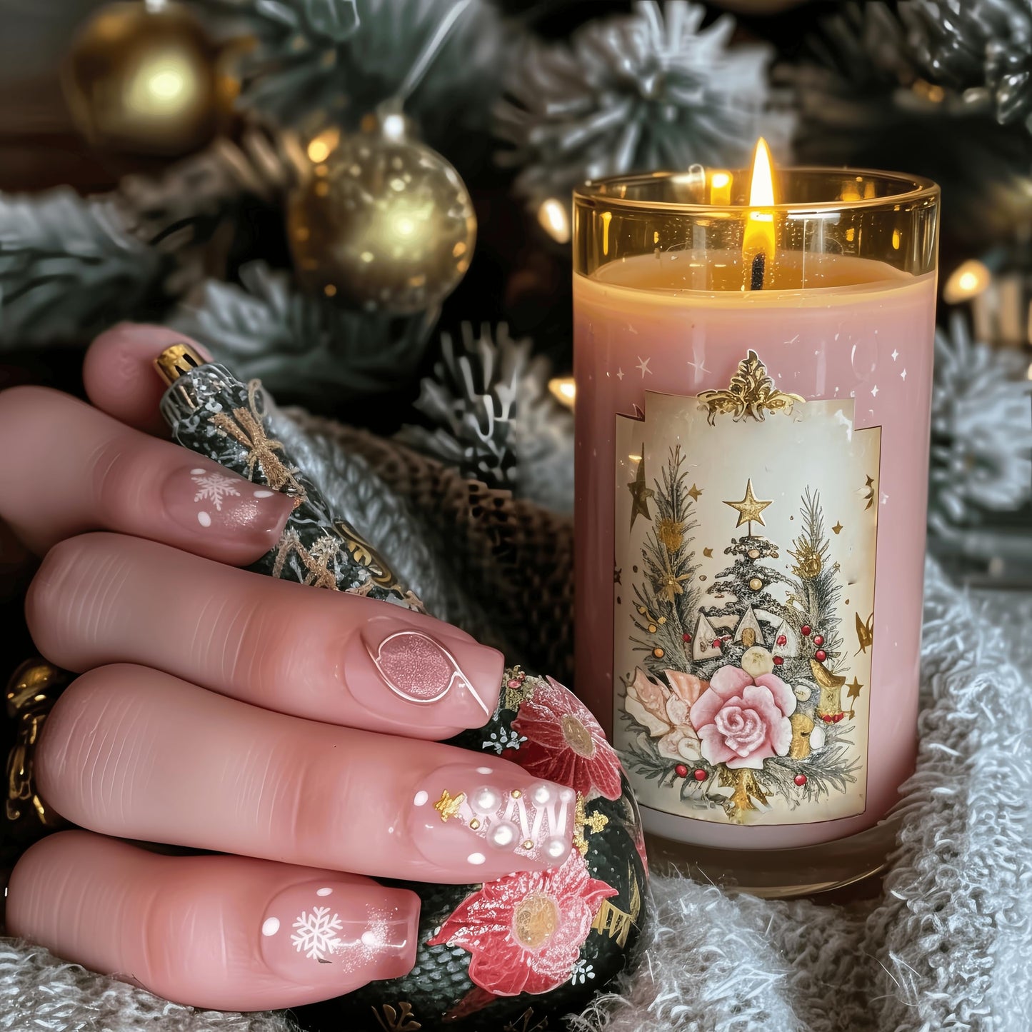 Fine Point Handmade Holiday Snowflake Pearl Press On Nails – 10 Piece Nude Pink Ombre Short Squavol False Nails with 3D Pearls, Christmas Tree & Gold Accents, Acrylic Nails, Festive (Size Large)