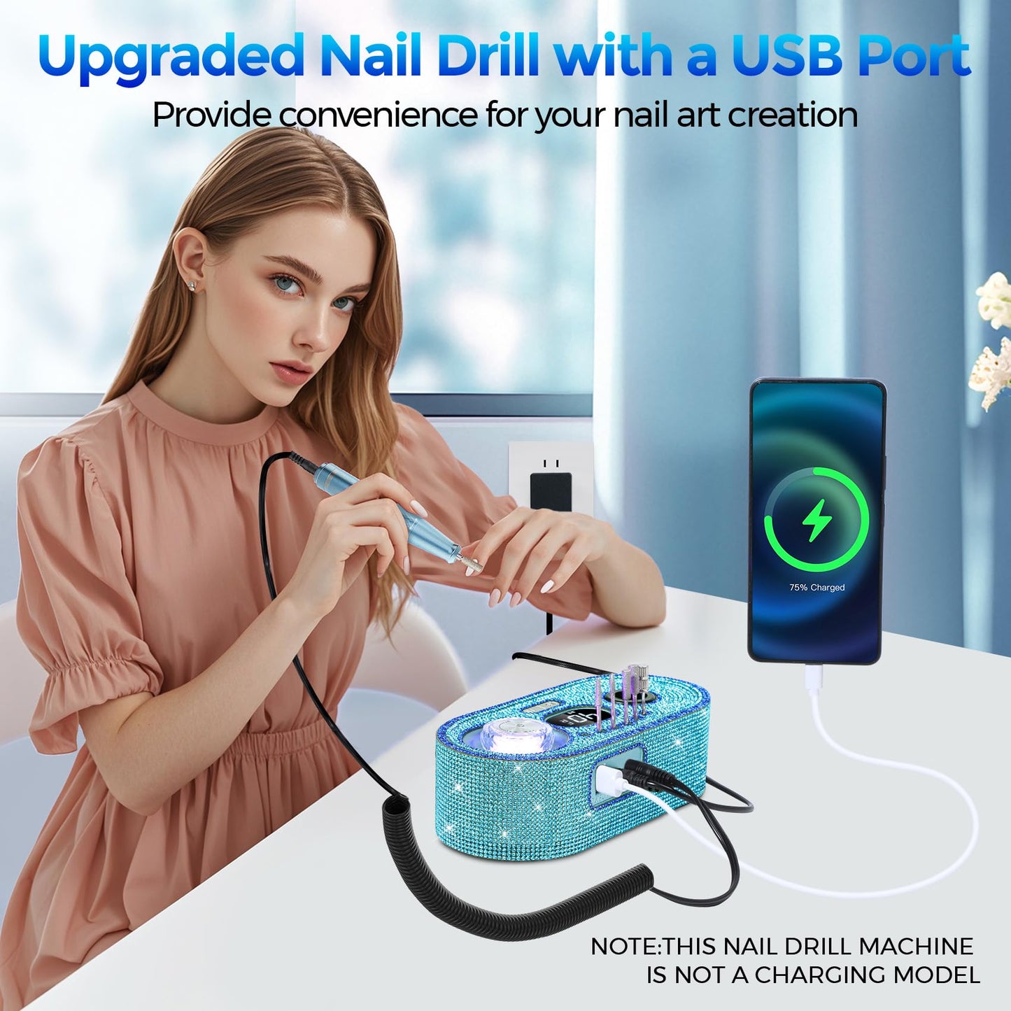 Nail Drill Electric File: DEDNMSCA Sparkly Professional Nail Drill Kit, 40000RPM E-File Machine with 12 Drill Bits for Acrylic Nails Remove Nail Gel Polish Manicure for Salon Home, Blue Diamond