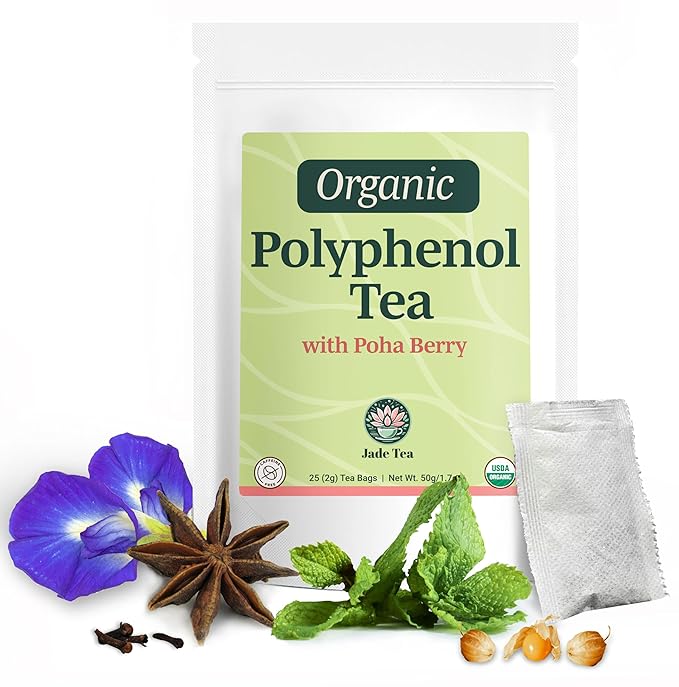 Jade Tea - Organic Polyphenol Tea - Peppermint Leaf, Star Anise, Clove, & Butterfly Pea Flower - Antioxidant Rich for Inflammation Support - Poha Berry Flavor - 25 Count (Pack of 1) - Made In USA