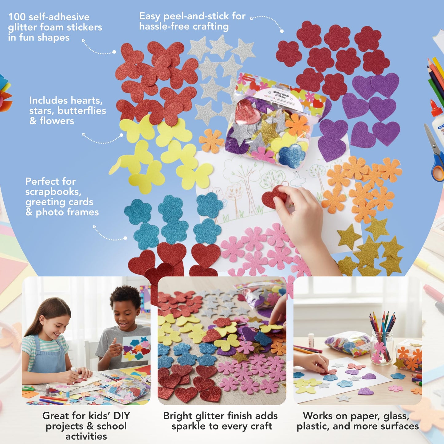 Incraftables Glitter Self Adhesive Foam Stickers for Kids, 100pcs Heart, Star, Butterfly, Flower Shapes, Multicolor, Felt Material, Modern Style, Indoor Use, Stickers for Kids & Adults