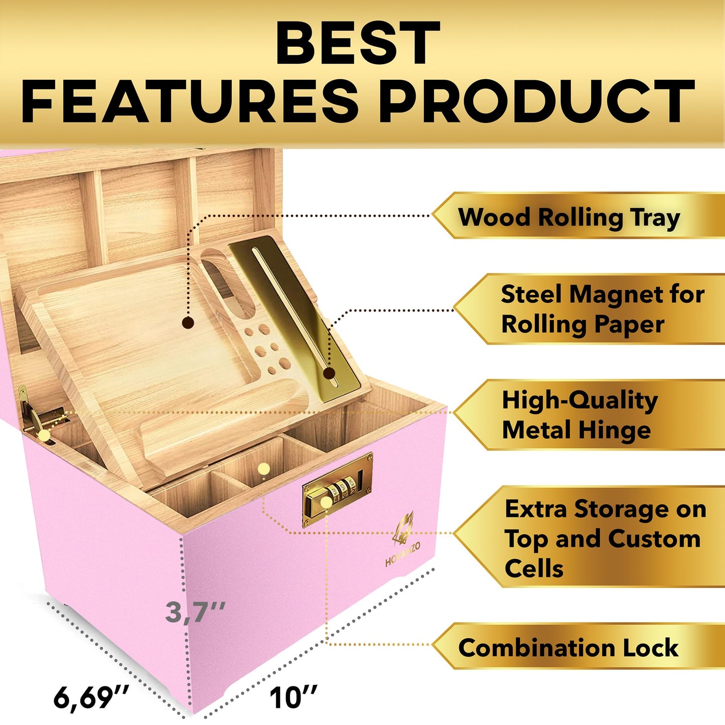HOVANZO Premium Large Bamboo Storage Box with Removable Tray - Storage Wood Box for Herbs and Accessories - Storage Box Set with Combination Lock - Smell Proof Container with Accessories