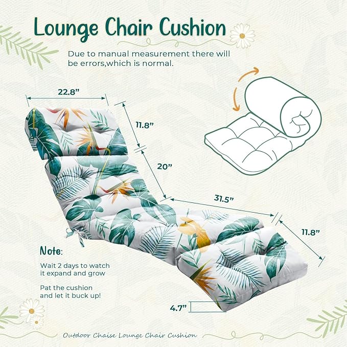 4 Pack Outdoor Chaise Lounge Chair Cushion 75.1 x 22.8 x 4.7 Inches 100% Waterproof Replacement Cotton Patio Pool Lounge Chair Cushion for Outdoor Furniture with Ties,Yellow-Green Leaf