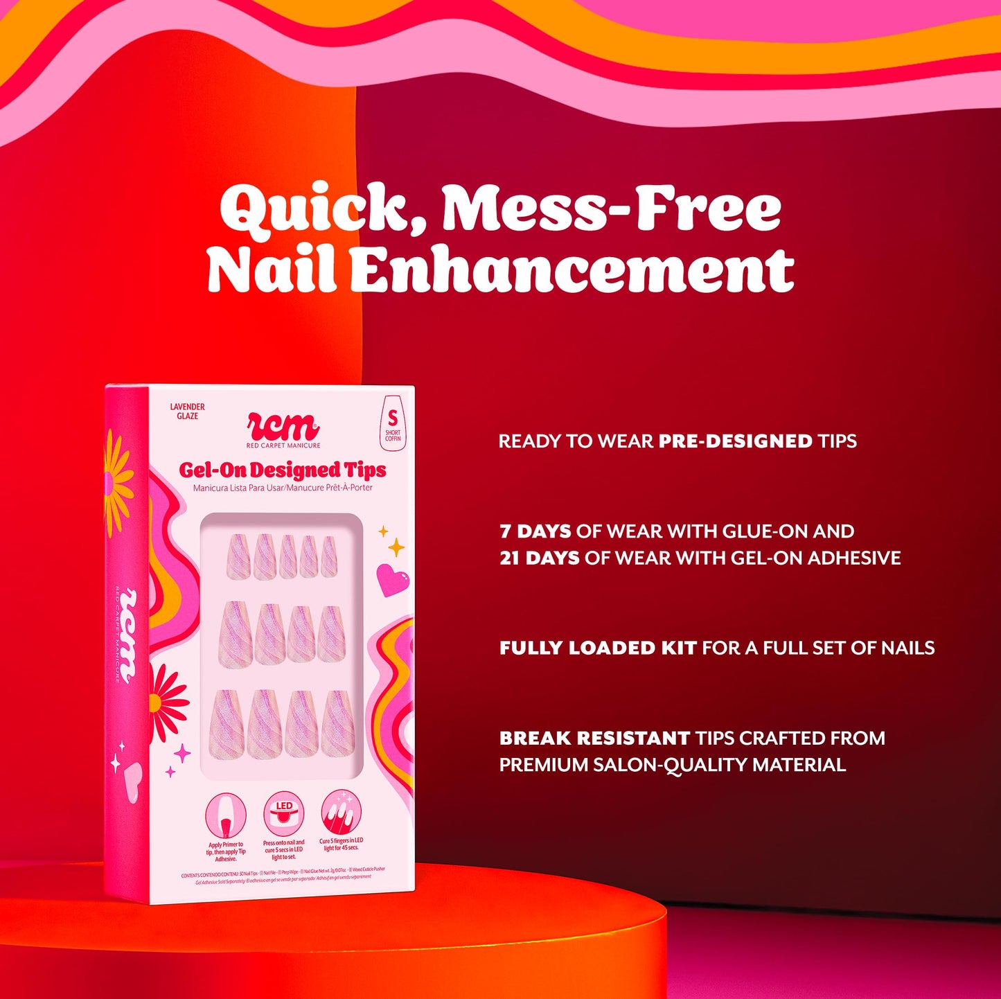 RC Red Carpet Manicure Gel-On Designed Tips - Full Coverage, Flexible, Break-Resistant, 21-Day Wear, UV/LED Cured Gel Adhesion for Natural Look (Lavender Glaze Short Coffin)