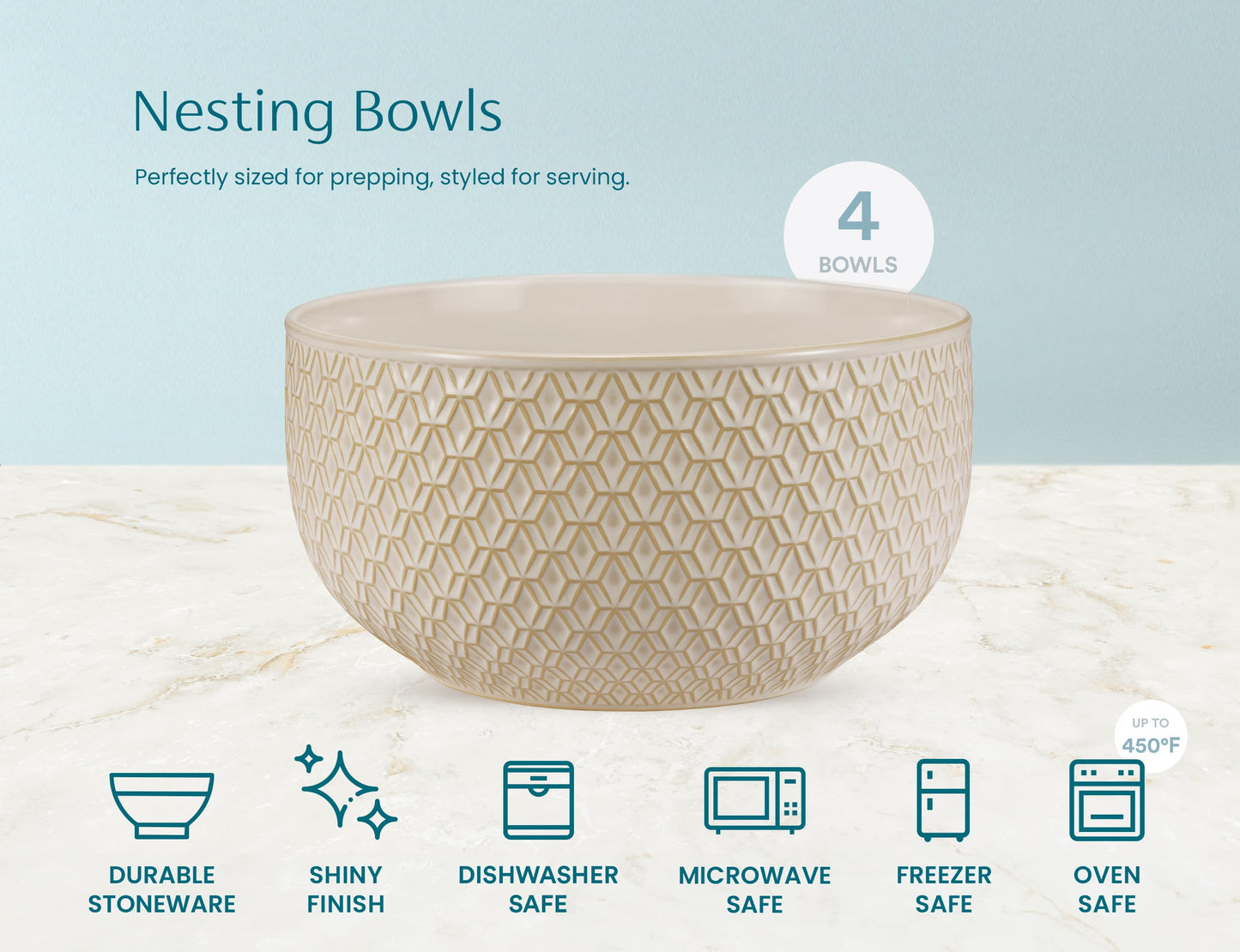 KooK Ceramic Mixing Bowls, Nesting Set of 4, Embossed Kitchen Dishware, Prep, Serving, Gift, Microwave and Dishwasher Safe, 20/44/98/145 oz, Narbonne Collection (Almond)