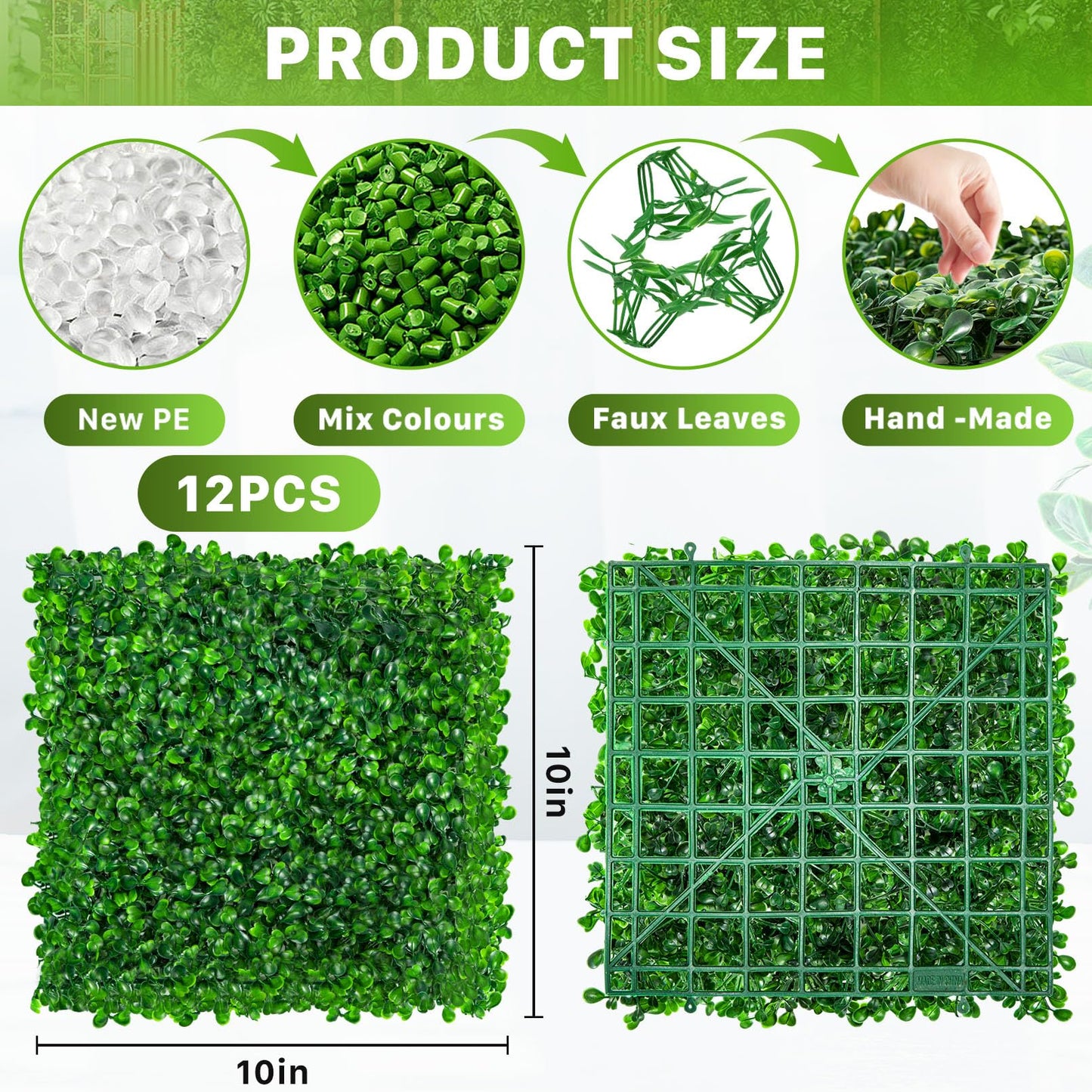 PLMMOUT 12 PCS Artificial Grass Wall Panels, 10"x10" Faux Hedge, Green, Modern Style, Polyethylene Material, Perfect for Indoor/Outdoor Decor