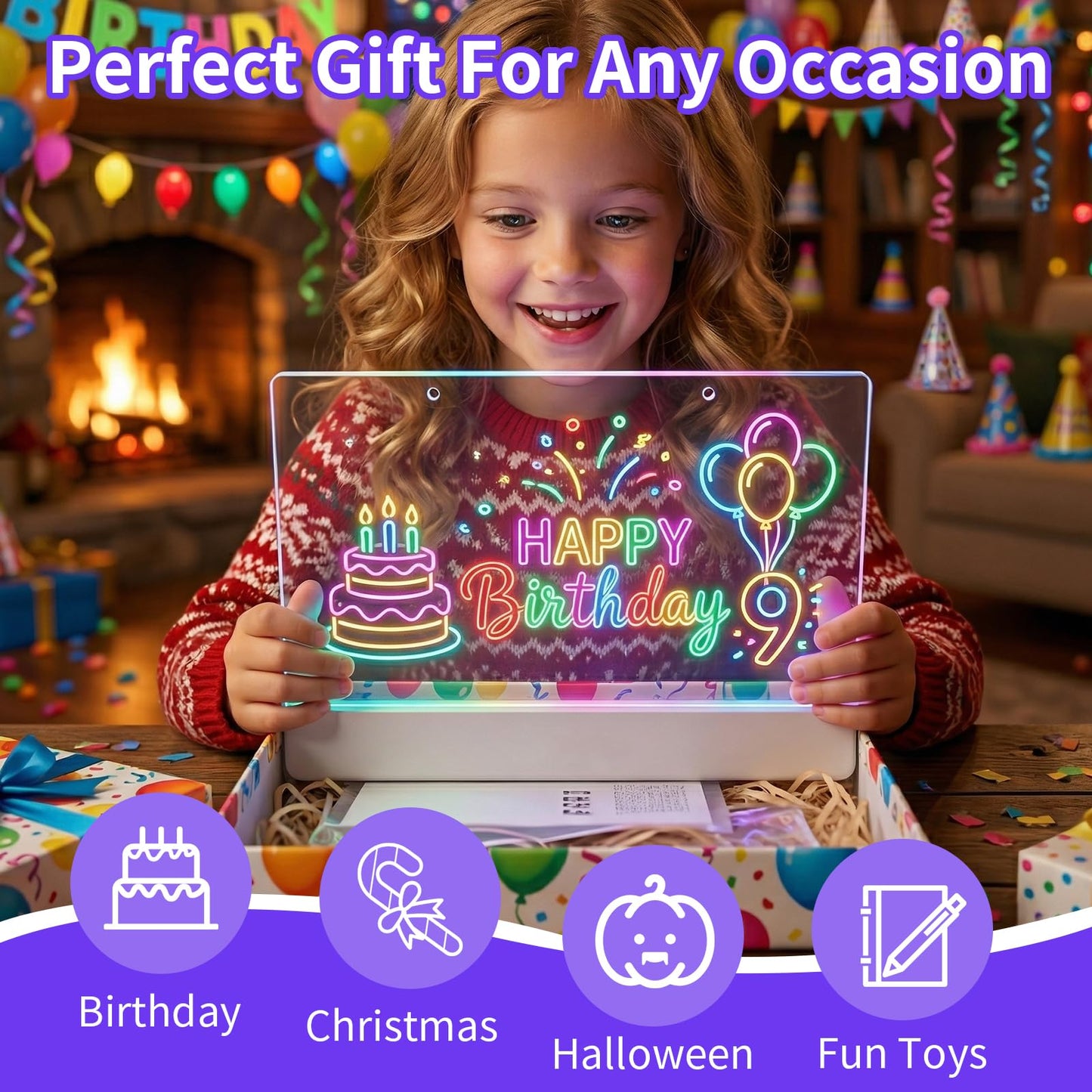 KOBAIBAN LED Drawing Board for Kids, 16” Rechargeable Light Up Drawing Pad with 1500mAh Battery, 11 Light Modes Neon Dry Erase Board, LED Note Pad for Message, Night Light, Gifts for Girls Boys