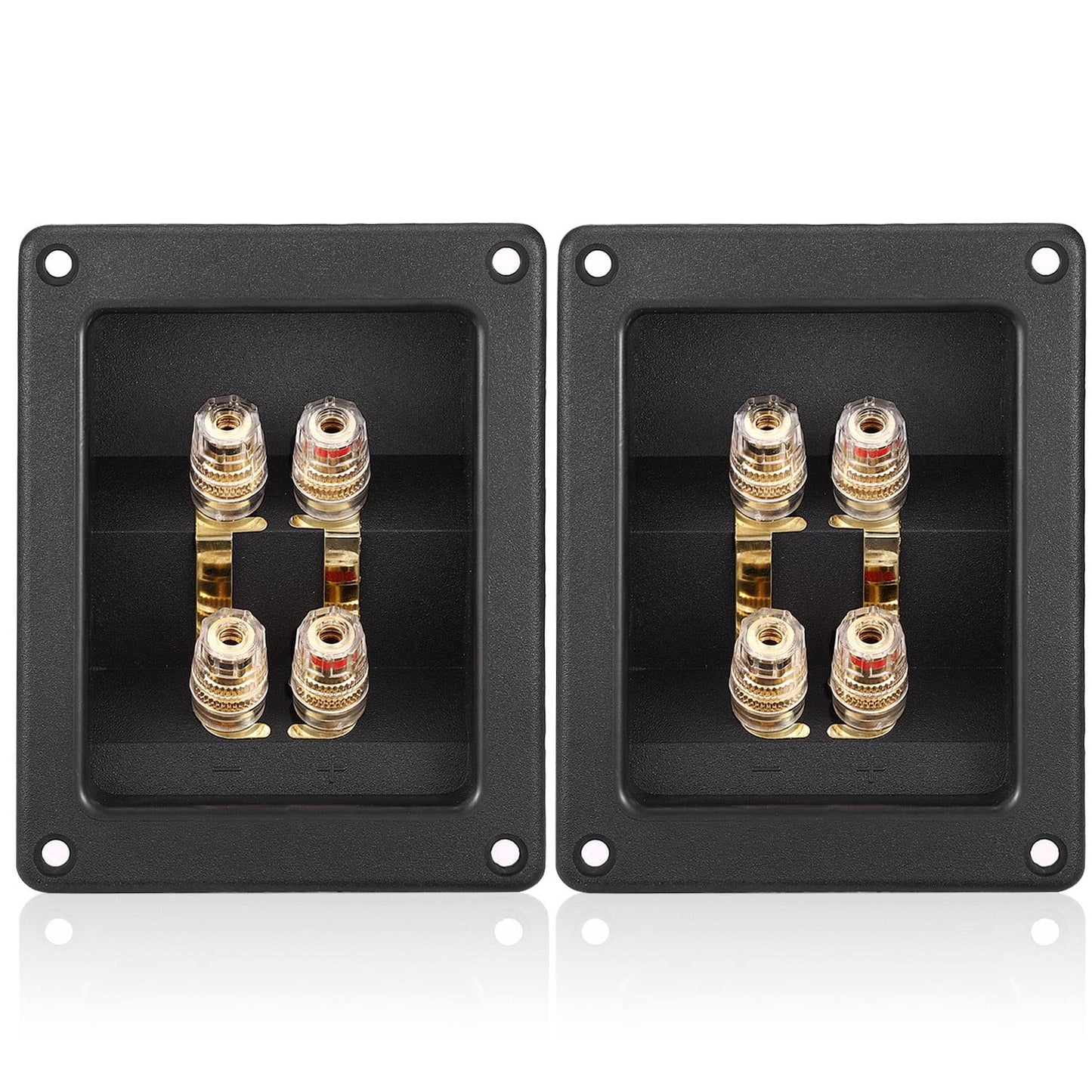 Facmogu 2PCS Rectangle 4-Way Speaker Terminal Box, Gold-Plated Binding Post Terminal Cable Connector for DIY Applications, Terminal Cups with 2 Pairs Banana Plug Socket Connector & 4PCS Screws