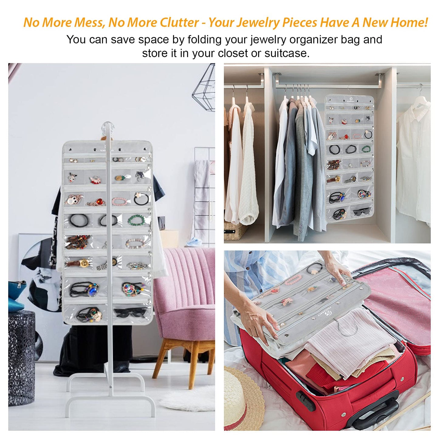 Freegrace Hanging Jewelry Organizer with Secure Zipper Closure - 360° Revolving Hanger, 25 Clear Pockets, 23 Necklace Hooks - Foldable Travel Storage & Closet Display (Gray)