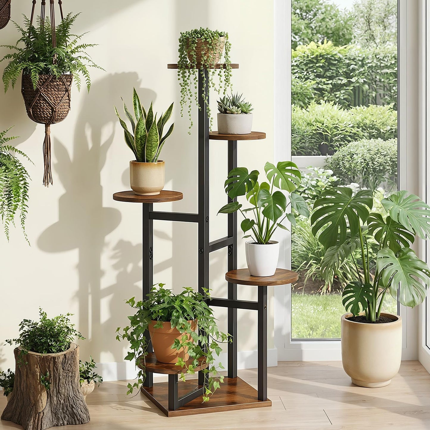 HOOBRO Side Table, Round End Accent Table with Sturdy Metal Frame, 5-Tier Corner Plant Stand Indoor, for Living Room, Bedroom, Balcony, Office BF95BZ01-BF05HJ01