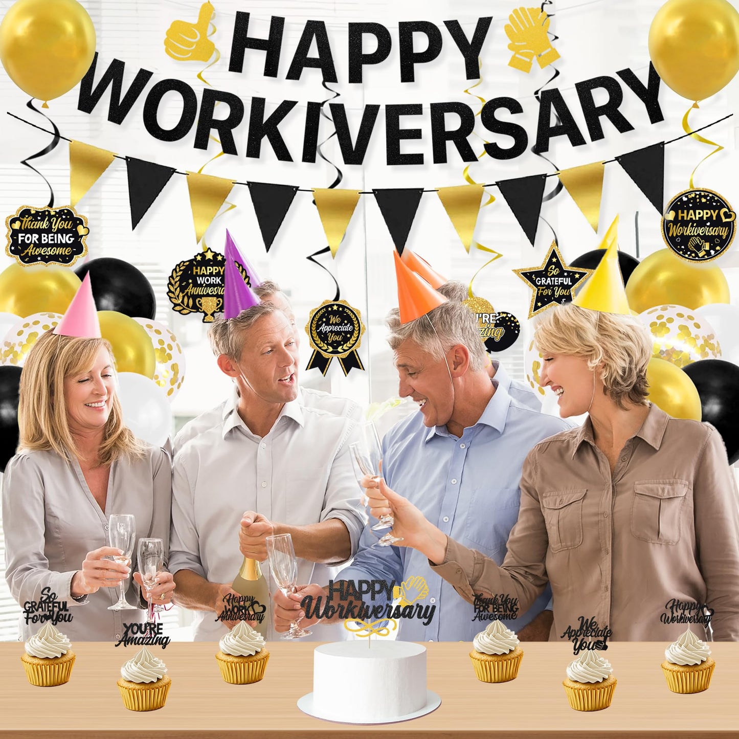 Roetyce Work Anniversary Party Decorations, Black Gold Happy Workiversary Banner Cake Topper Balloons Hanging Swirls, Work Anniversary Backdrop Background for Employee Coworker Office Party Supplies