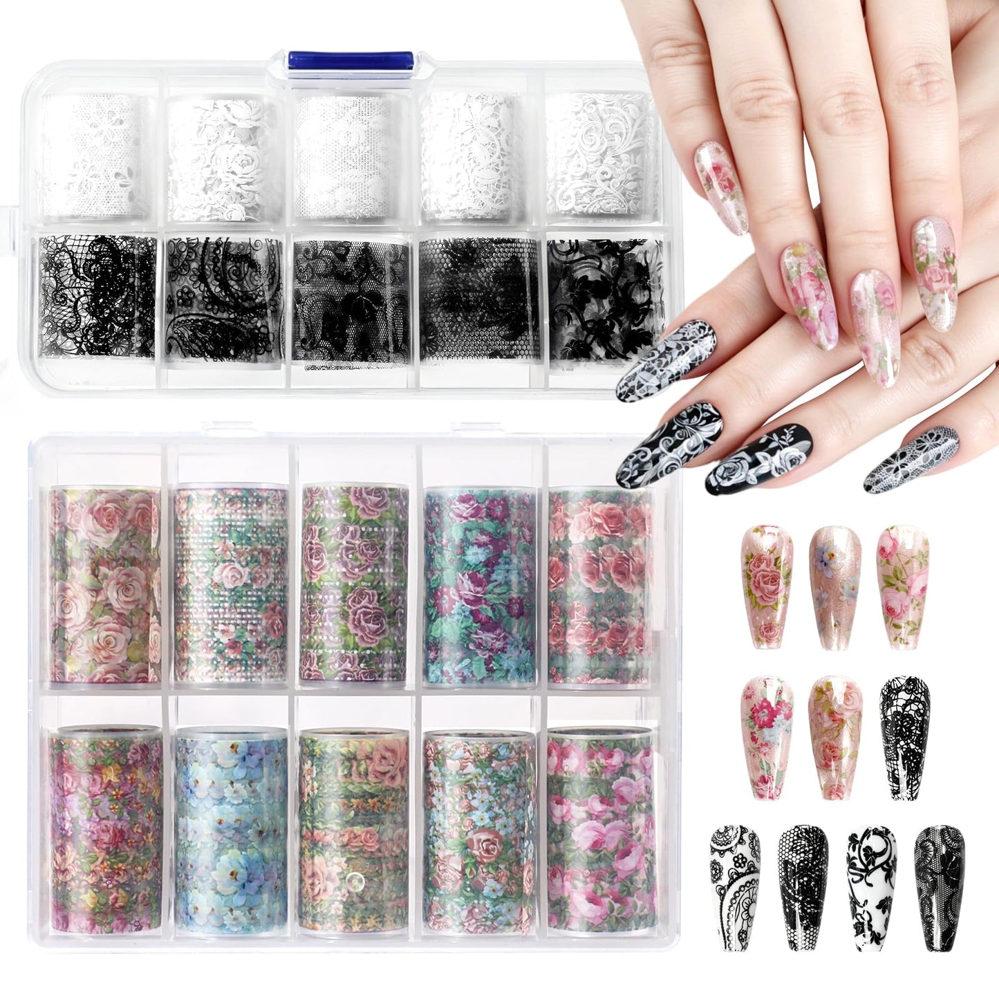 heemeei Nail Foil Transfer Sheets, 20 Rolls Nail Foils Transfer Nail Art(Black White Floral Lace Nail Foil & Spring Flowers Nails Foils Transfer Decals), Transfer Foil for Nails Manicure Decorations
