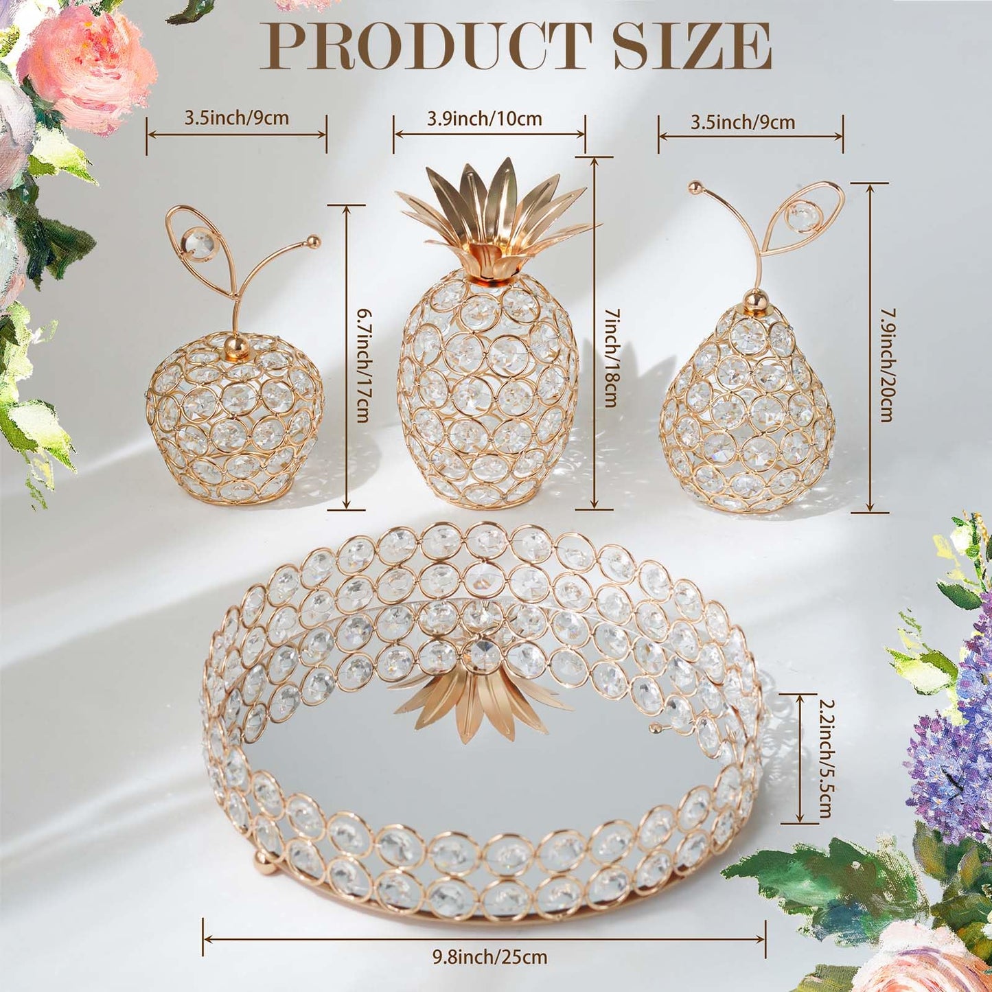 Elegant Decorative Trays & Crystal Fruit 4pcs Set, Crystal Tea Light Holder - Wedding Centerpieces for Holidays, Home Table Decorations, Fruit Displays and Candle Holders (Gold, Round Set of Four)