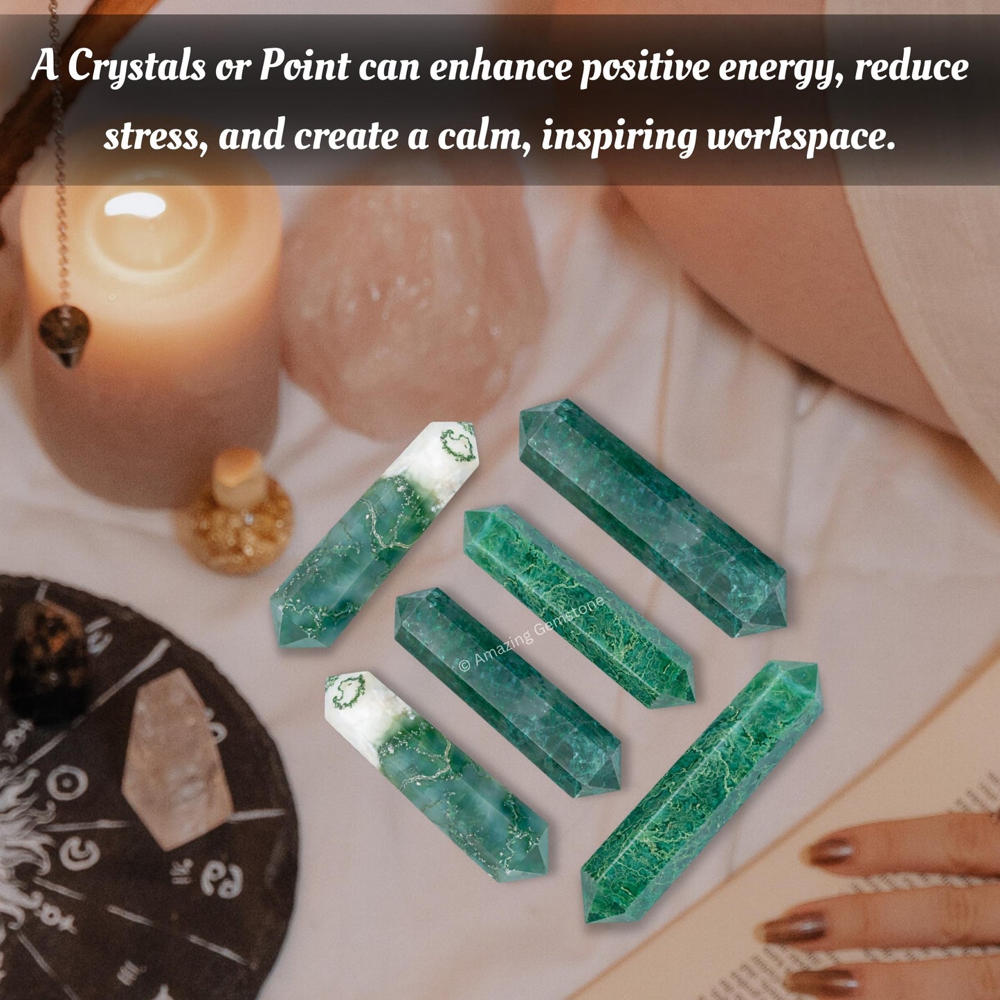 Amazing Gemstone Moss Agate Crystal Points Bulk Healing Crystals&Stones - Pack of 3 Double Terminated Healing W& Point Bulk Crystals for Crafts, Crystal Grid, DIY Work - Premium Crystals