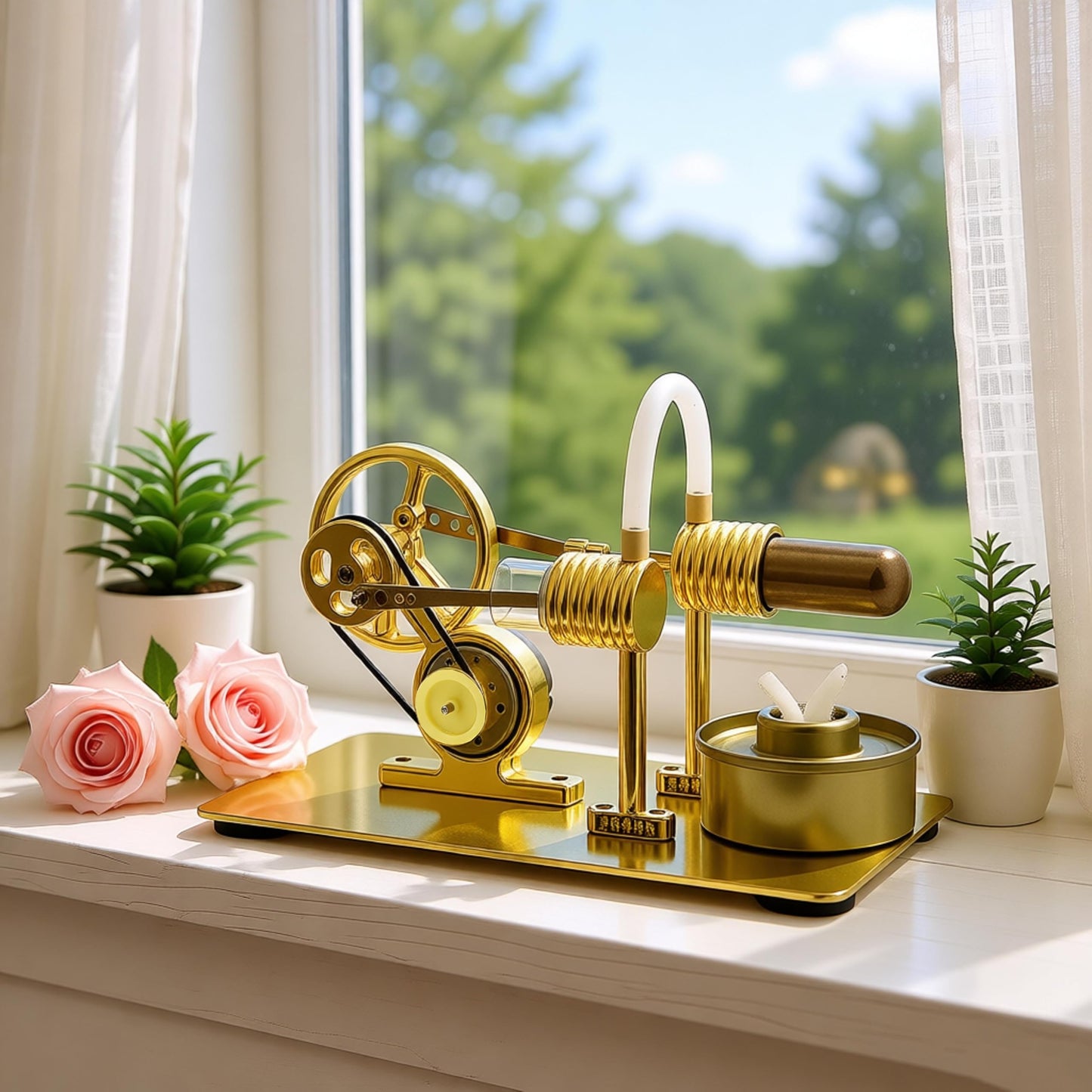 Xnrmevkh Hot Air Stirling Engine Motor Colorful LED Light Sterling Generator Model Golden
