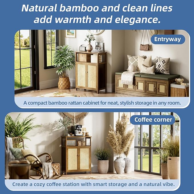 HITNET Rattan Bathroom Floor Cabinet, Freestanding Bamboo Storage Cupboard with 2 Doors, Living Room Sideboard, Space Saving, Walnut