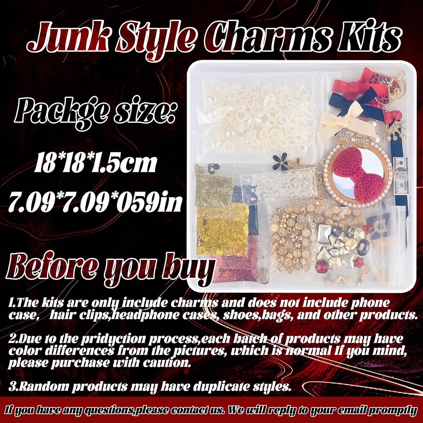 Prdingfy Red Junk Case Charms Kit, Black & Red DIY Phone Case Decorations with Rhinestones, Letter Beads, Mirror & Tools for Customizing Bling Junk Phone Cases & Personalized Gifts
