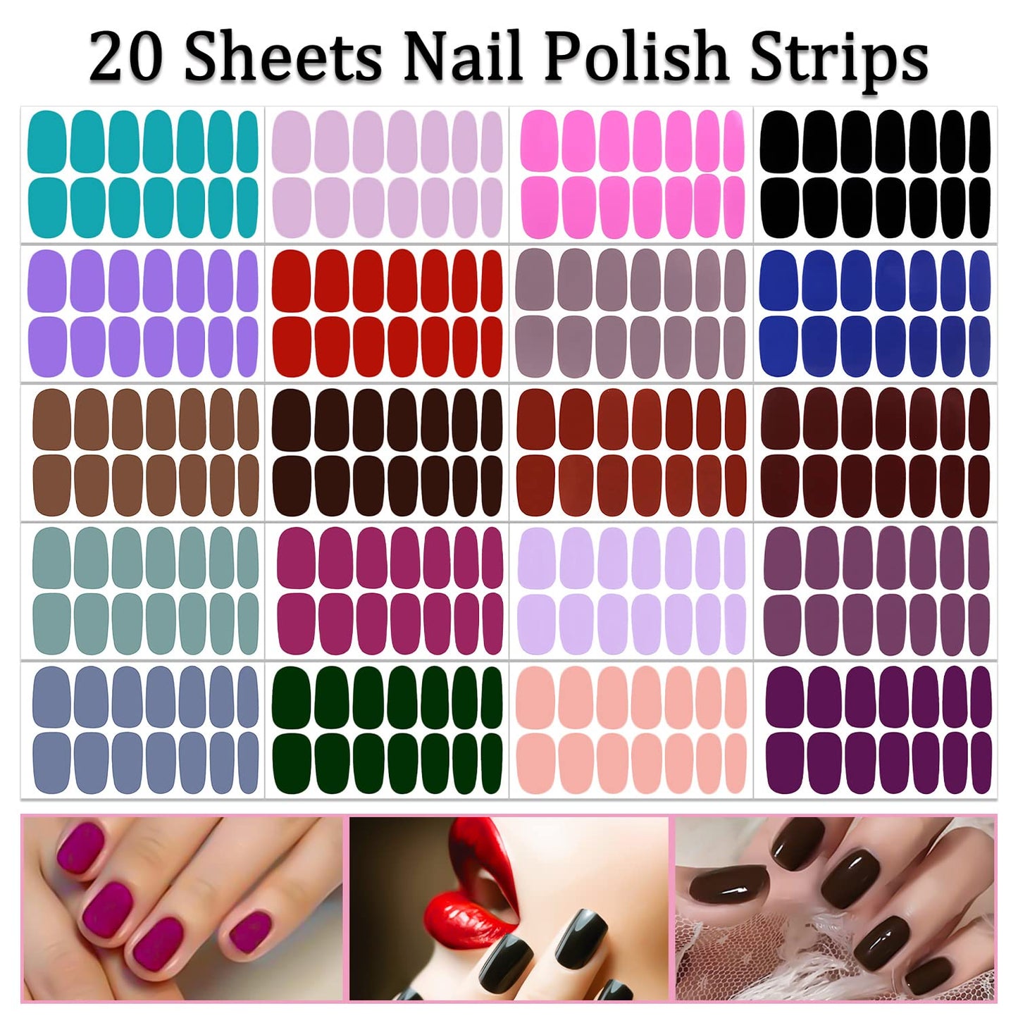 SILPECWEE 20 Sheets Solid Color Nail Polish Strips Nail Stickers Full Nail Wraps for Women Self Adhesive Nail Strips Real Nail Polish Nail Art Accessories with 1pc Nail File