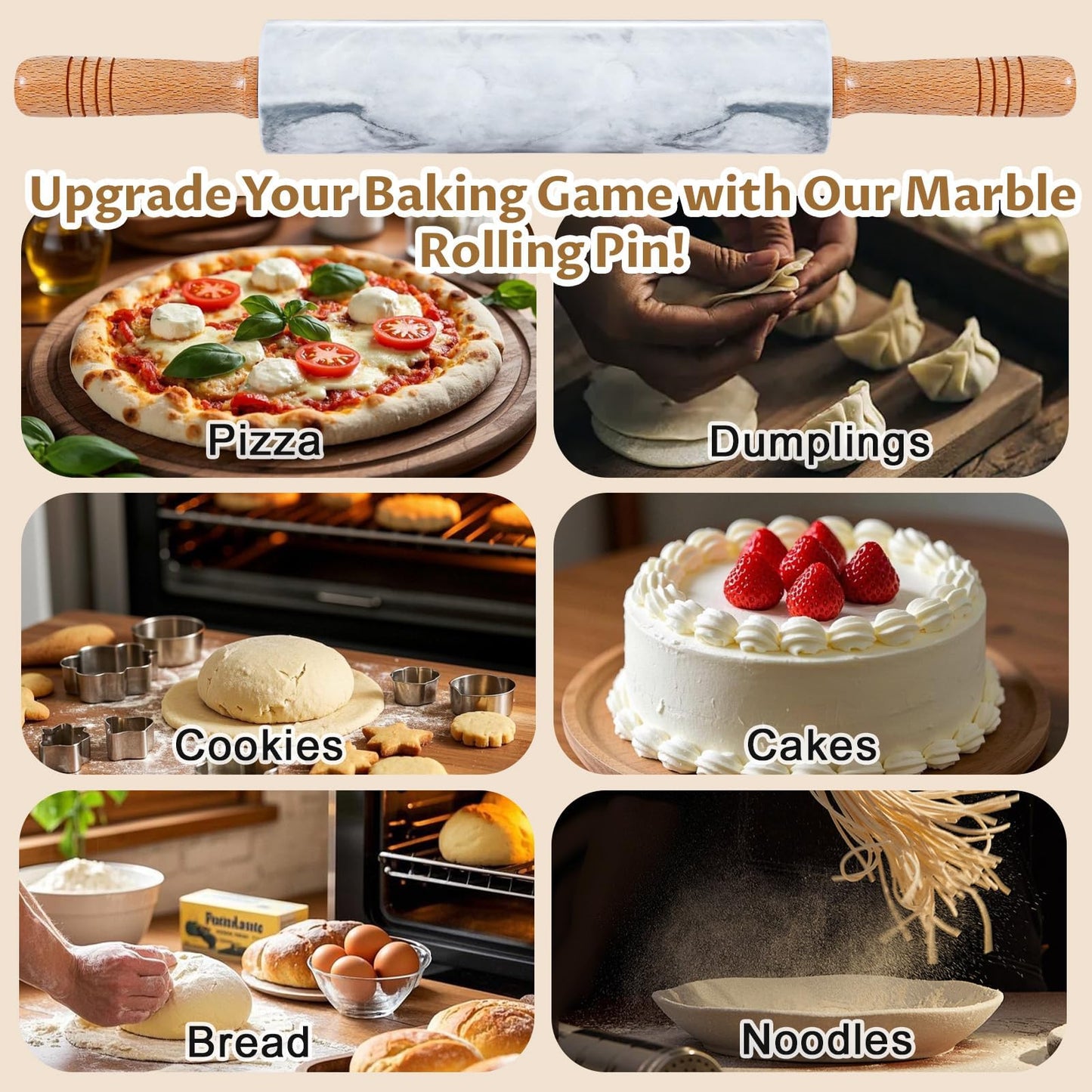 Gymdin Marble Rolling Pin - 18.9" Marble Rolling Pins for Baking, Pastry, Pizza Dough & More - Polished Non-Stick Surface, Long Dough Roller with Wooden Handles & Base