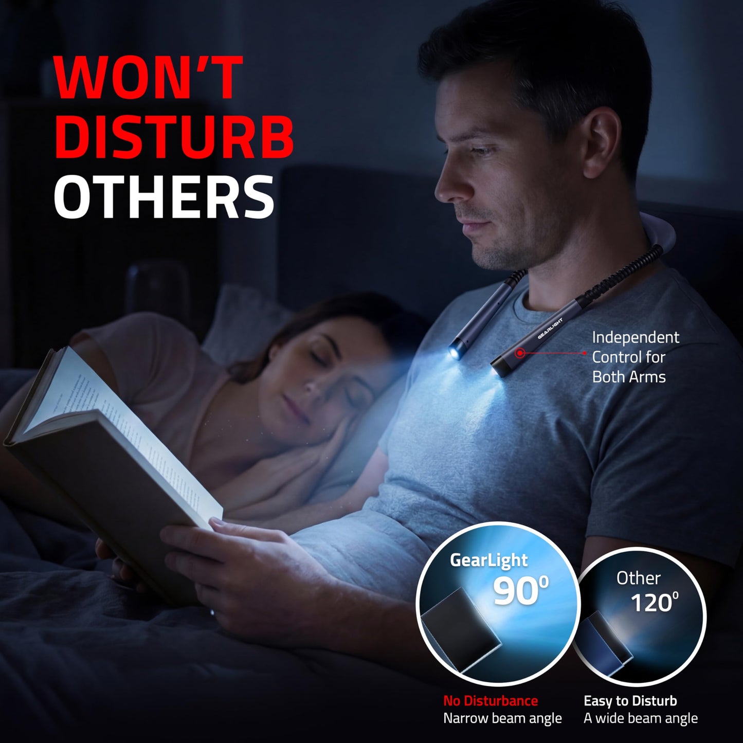 GearLight Rechargeable Book Light for Reading in Bed – Hands-Free LED Neck Light with 3 Light Modes, Adjustable Brightness, for Reading, Knitting, Crochet, Crafts, Sewing & Travel – 1 Pack