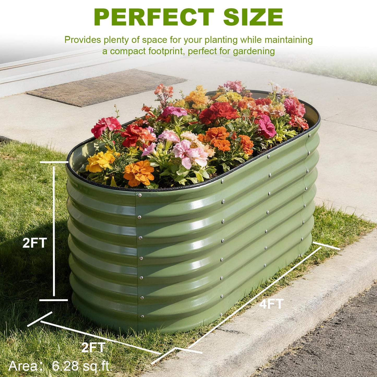 24" Tall Galvanized Raised Garden Bed Outdoor, 4x2x2ft Deep Metal Planter Box with Safety Edging & Support Bars, Large Oval Raised Beds for Gardening Plants Vegetables Herbs Flowers (Olive Green)