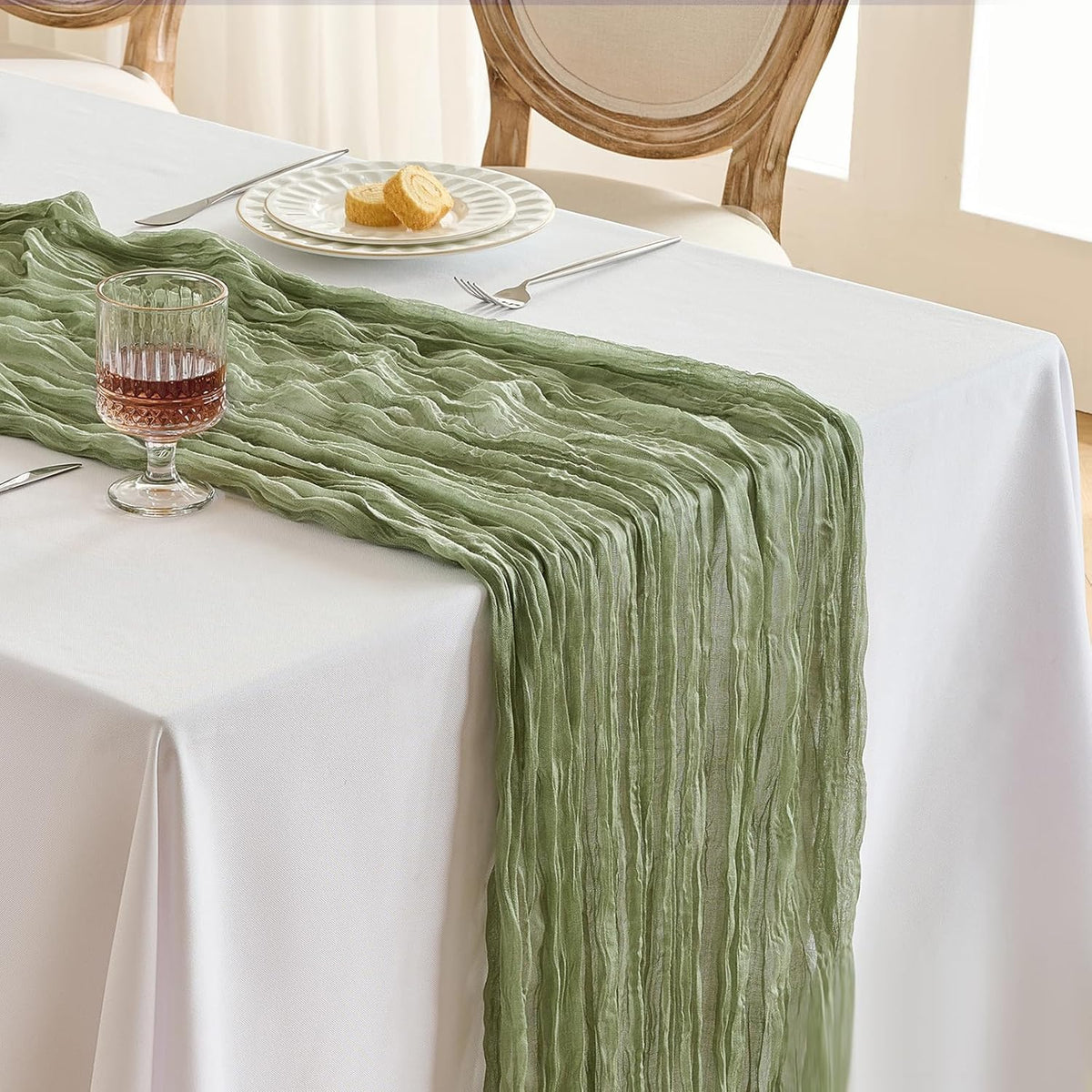 Fanami 6 Pack Cheesecloth Table Runner -10FT Sage Green Boho Gauze Cheese Cloth Table Runner 120 Inches Long Rustic Sheer Fabric Centerpieces for Wedding Birthday Party Bridal Baby Shower Decorations