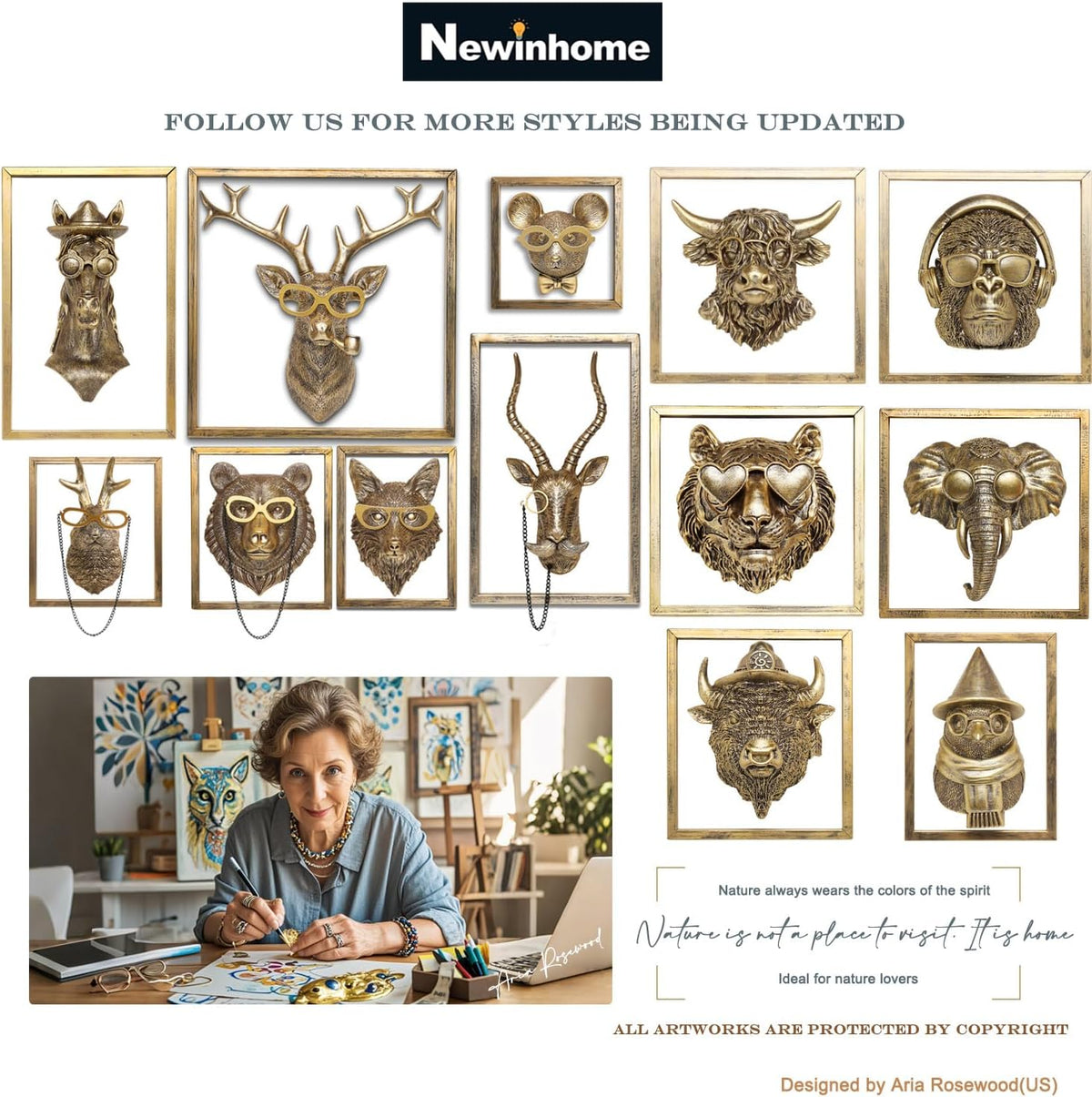 Animal Heads Wall Decor (Includes Metal Frame) Resin Animals Sculptures Head Wall Hanging Decoration Gold vintage Wall Sculpture for Living Room Bedroom Office (Elephant)