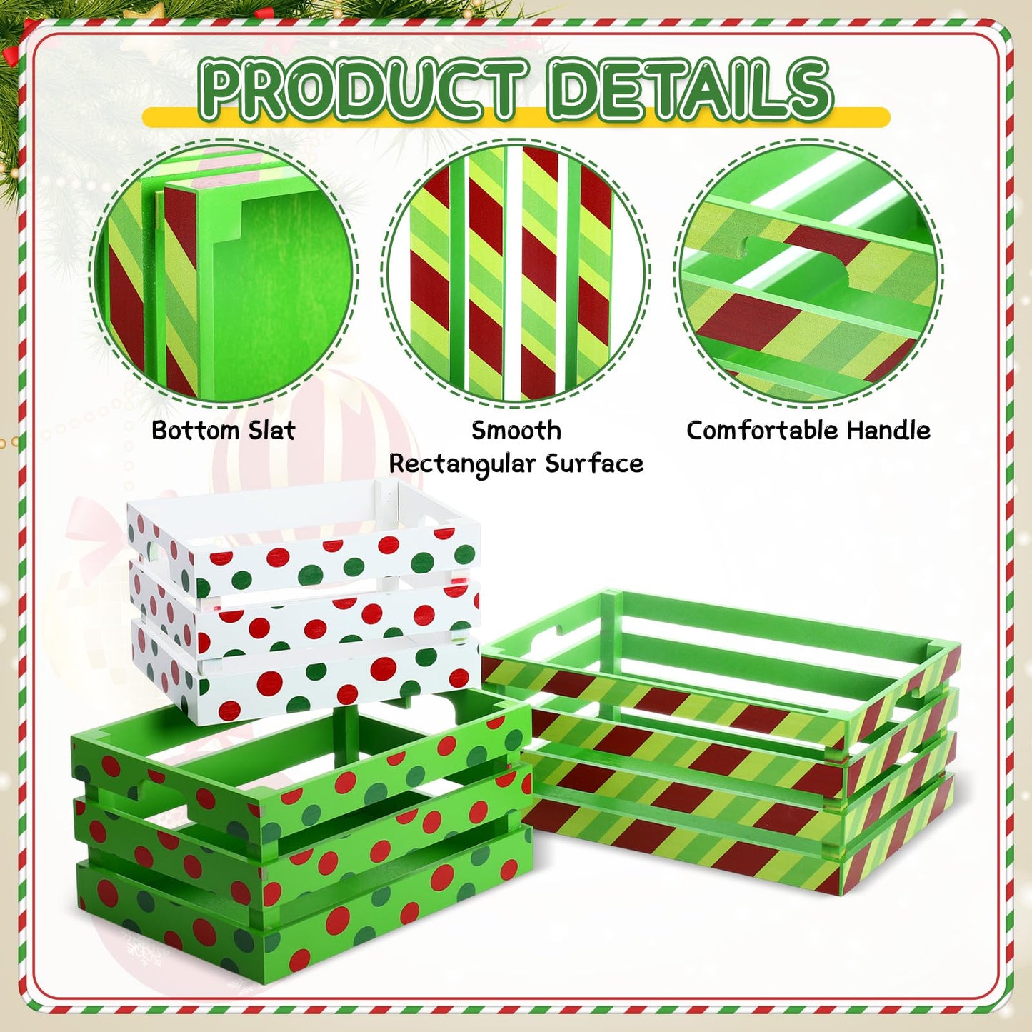 Novabright 3 Pcs Christmas Wood Crates 13'' 11'' 9'' Decorative Rustic Nesting Crate with Handle Farmhouse Wood Storage Basket Gift Boxes for Winter Display Candy Craft Pet Holiday Decor(Clean Style)