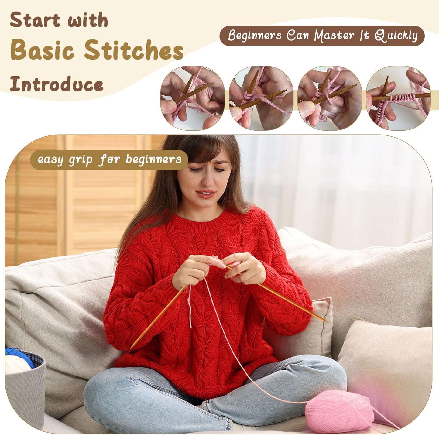 Maasechs Knitting Kit for Beginners Adults Complete Hat Knitting Kits Learn to Knit Kits with Yarn Bamboo Needle Pom Pom Step-by-Step Instruction Knit Accessories for Mother Women Men Gifts(Bright)