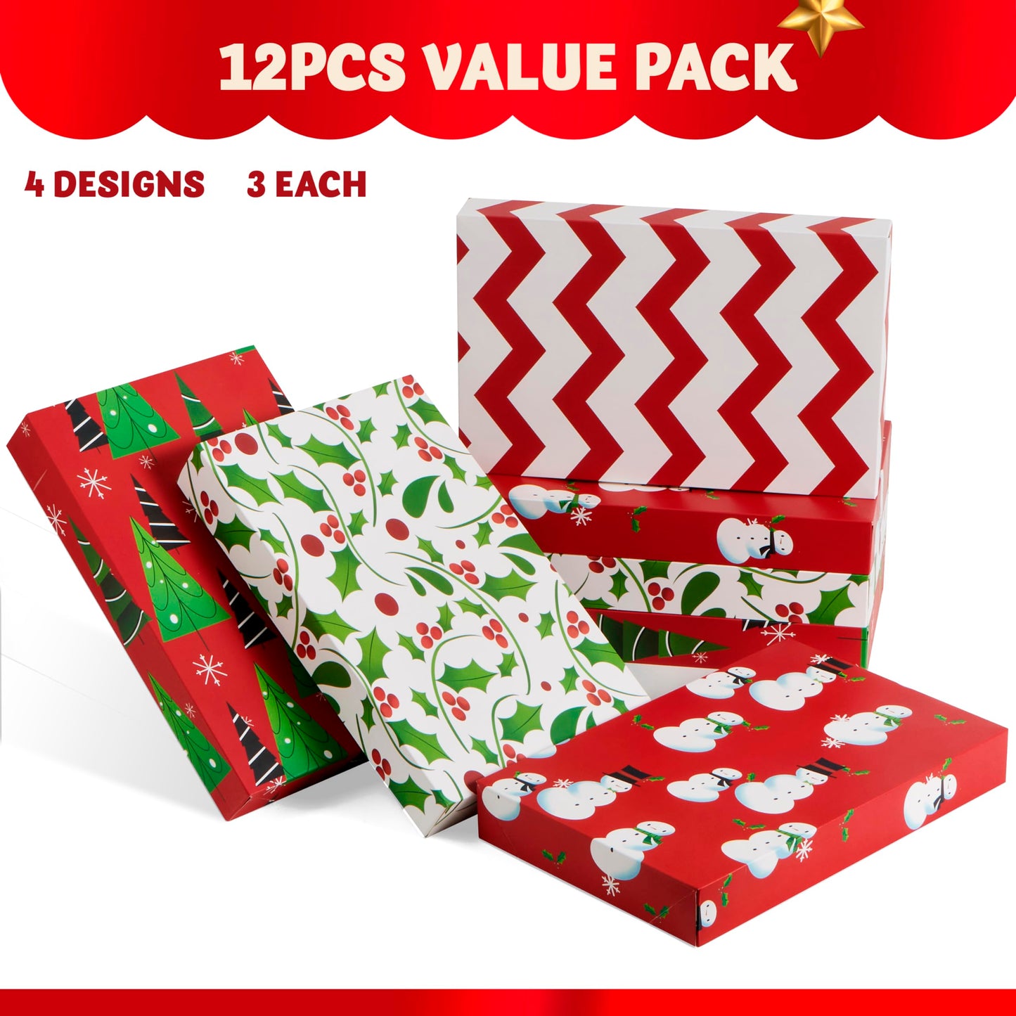 JOYIN 12 PCS Christmas Shirt Gift Boxes with Lids for Presents, Large Robe Cardboard Boxes, Xmas Bright Decorative Box for Clothes, Birthday Holiday Wedding Gift Wrapping Decor, Hat, Sweater and Coat