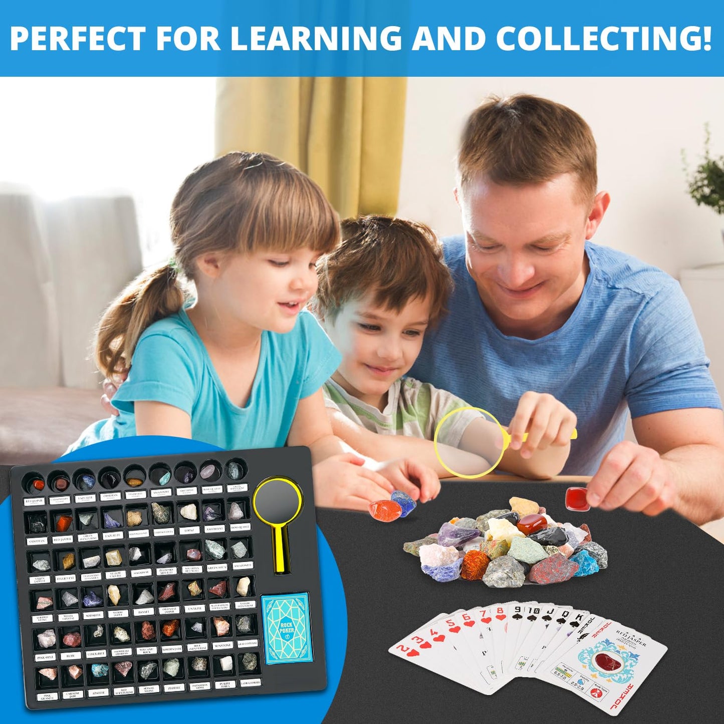 PIBEX Rock Collection Starter Kit - 54 Pcs Assorted Gemstones, Crystals, Rocks & Minerals, with Learning Book & ID Cards, Earth Science Kit Toy, A Geology Gift for Kids & Adults Ages 8+