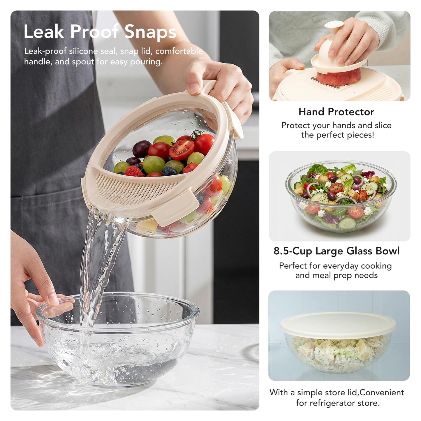 Genicook Salad Chopper with Bowl, Vegetable Chopper for Salad Prep, 8.5 Cup Glass Bowl, Food Chopper for Kitchen, Onion Chopper, BPA-Free & Dishwasher Safe, Easy Meal Prep Tool