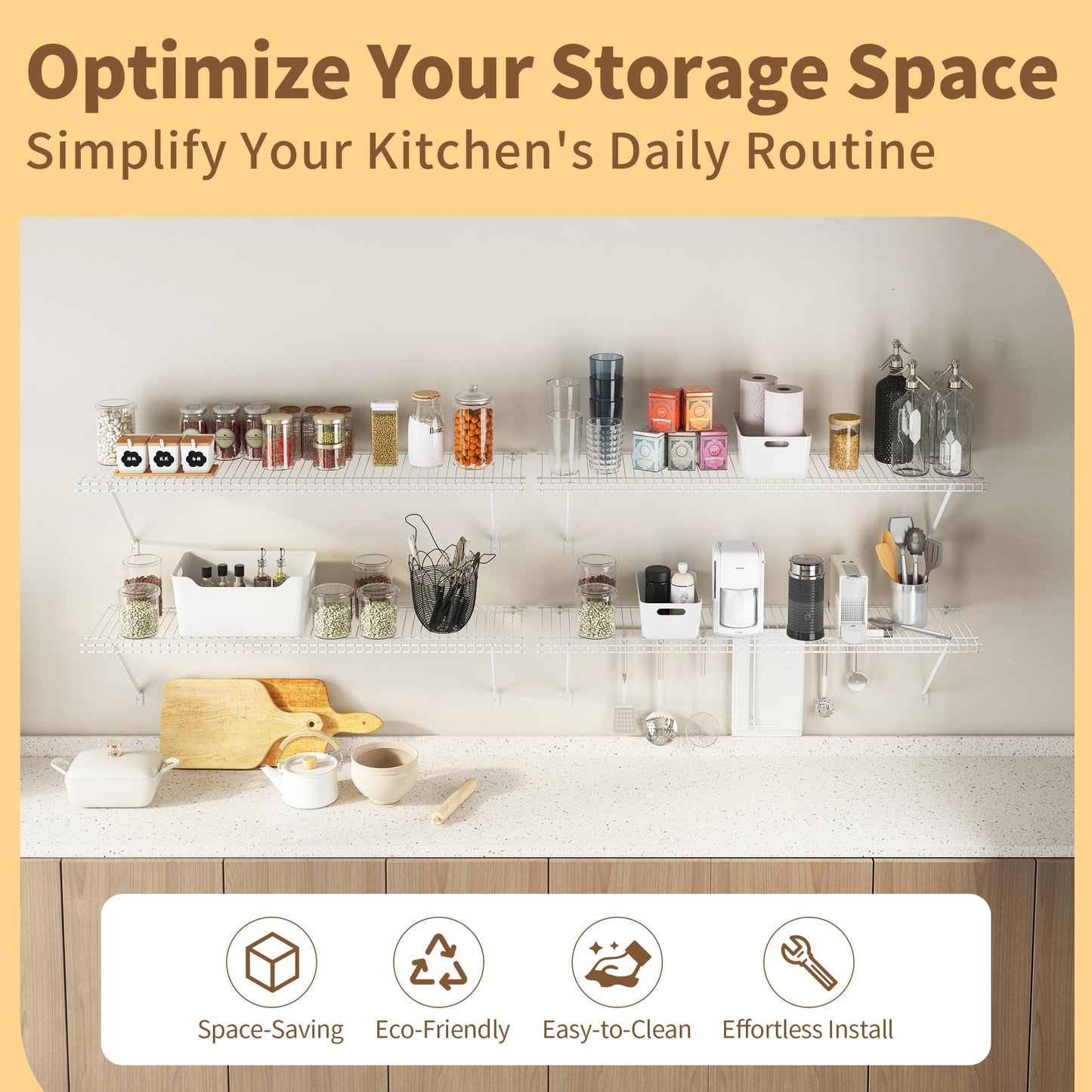 PROWORX Closet Shelves Wall Mounted, 4 Pack 4 ft x 12 in White Wire Shelving Kit, Metal Wall Shelf Organizer for Home, Pantry, Laundry Room Storage