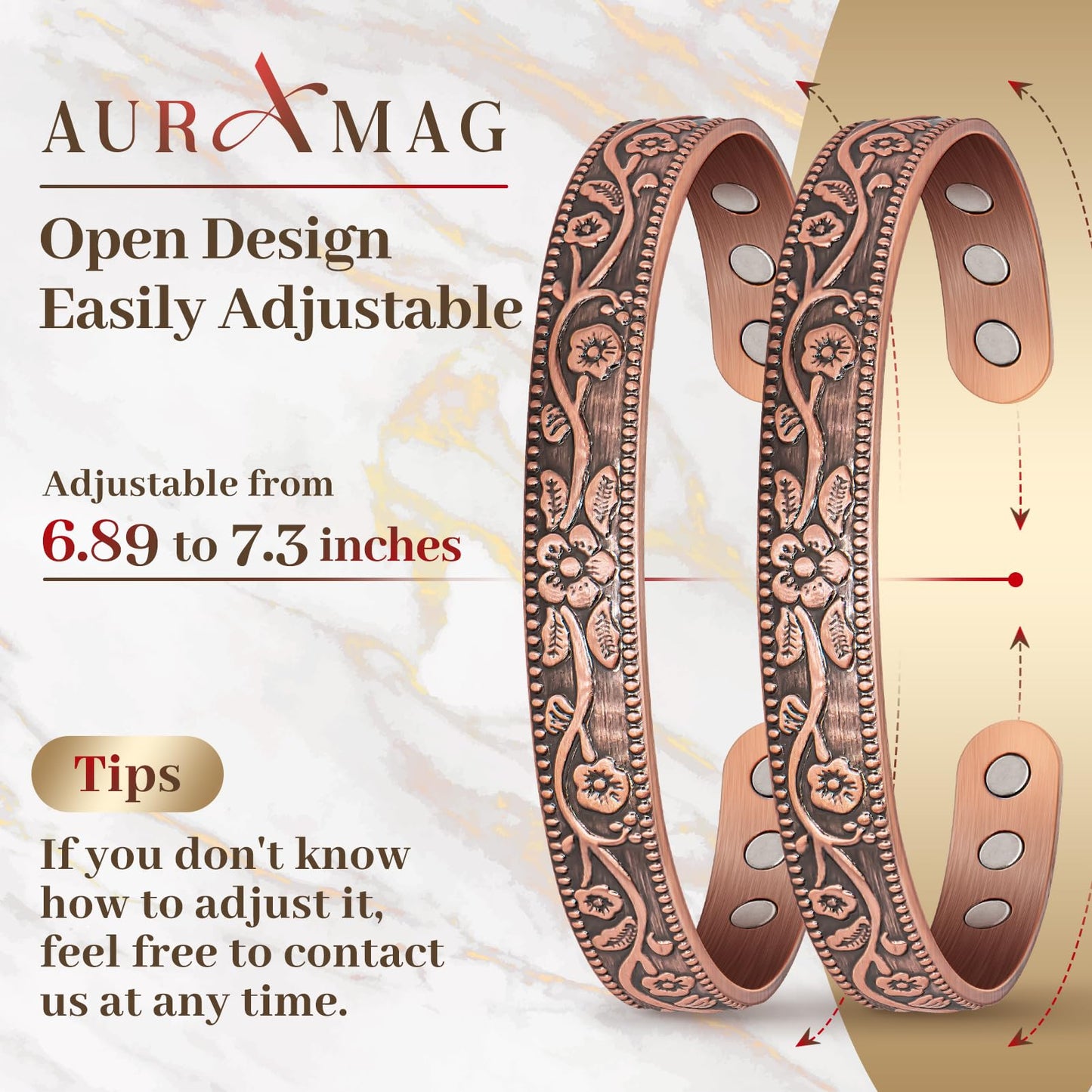 Auramag Copper Bracelets for Women, 99.99% Pure Copper Cuff Bangle with 3500 Gauss Magnets, Adjustable Jewelry with Gift Box(Set of 2)