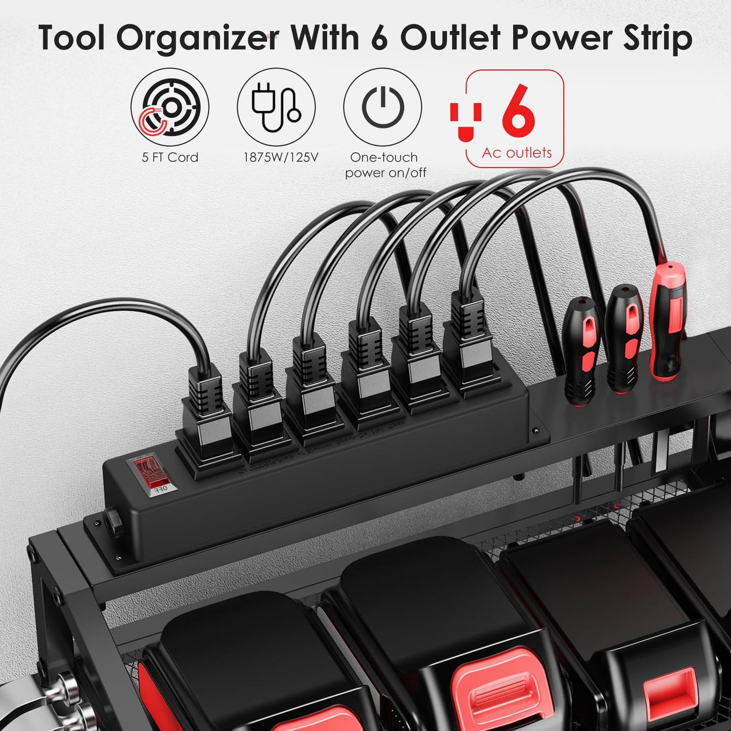 FULOOPHI Power Tool Organizer Wall Mount with Charging Station, 3 Layer Storage Rack and Tool Holder for Garage Organization, 8 Drill Holder Wall Mount and 6 Outlet Power Strip