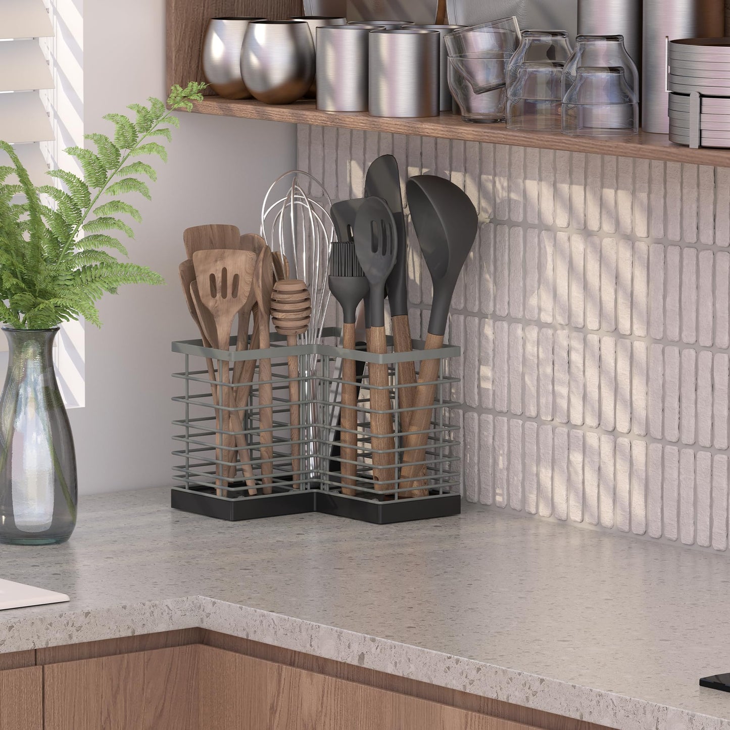 Suli Kitchen Utensil Holder with 3 Compartments，Grey Metal Corner Kitchen Caddy for Countertop，Farmhouse Rustic Cooking Storage-Grey
