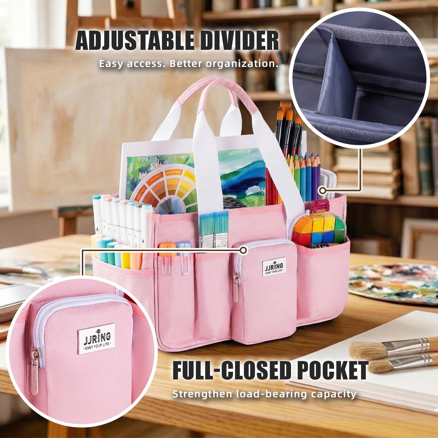 Jjring Craft Organizer Tote Bag, Portable Art Caddy with Adjustable Divider&Secure Zipper Pocket, Large Foldable Storage Tote for Scrapbooking, Sewing, Artist and Home(Pink)