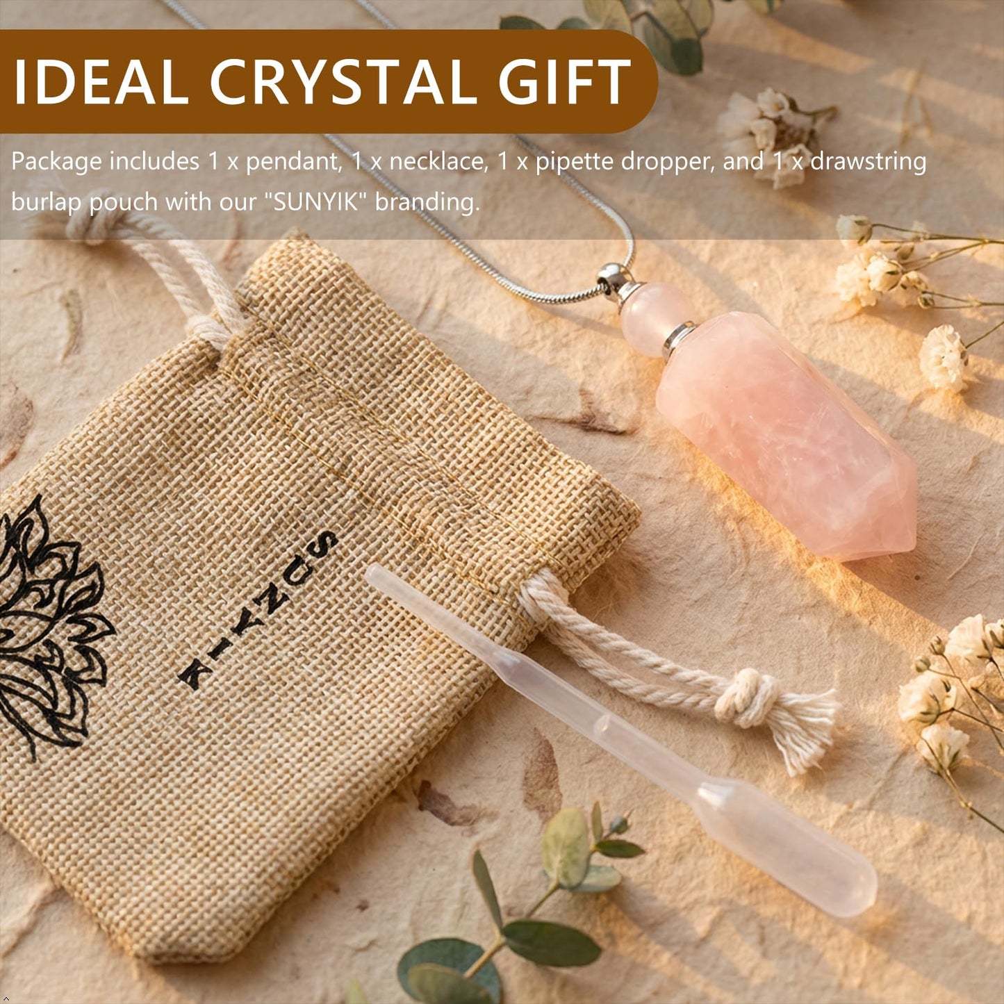 SUNYIK Rose Quartz Stone Essential Oil Diffuser Necklace for Women, Hexagonal Pointed Healing Crystal Perfume Bottle Pendant with Chain for Men, 28"