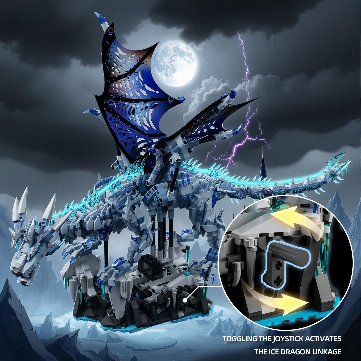 Myth Qholve Mechanical Dark Ice Dragon Building Block Set with Hand Crank Motion Movable Head, Wings & Limbs Fantasy Dragon Model Kit for Teens & Adults