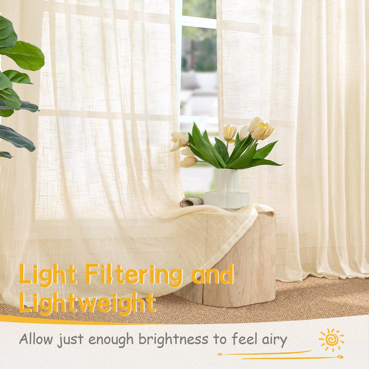 Extra Long Cream Beige Linen Semi Sheer Curtains 95 Inch Length 2 Panels (2 Count)