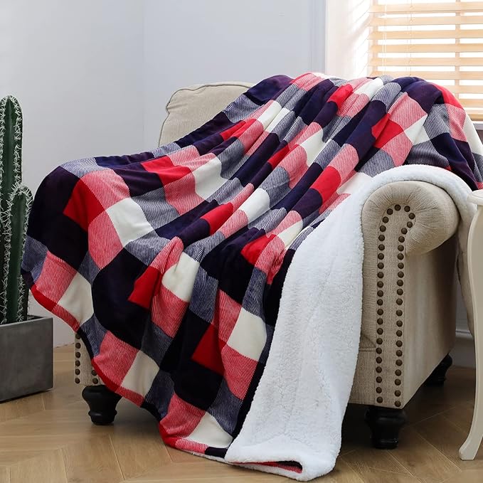 SOCHOW Buffalo Plaid Sherpa Fleece Throw Blanket, Double-Sided Checkered Super Soft Luxurious Bedding Blanket 50 x 60 inches, Red/Blue
