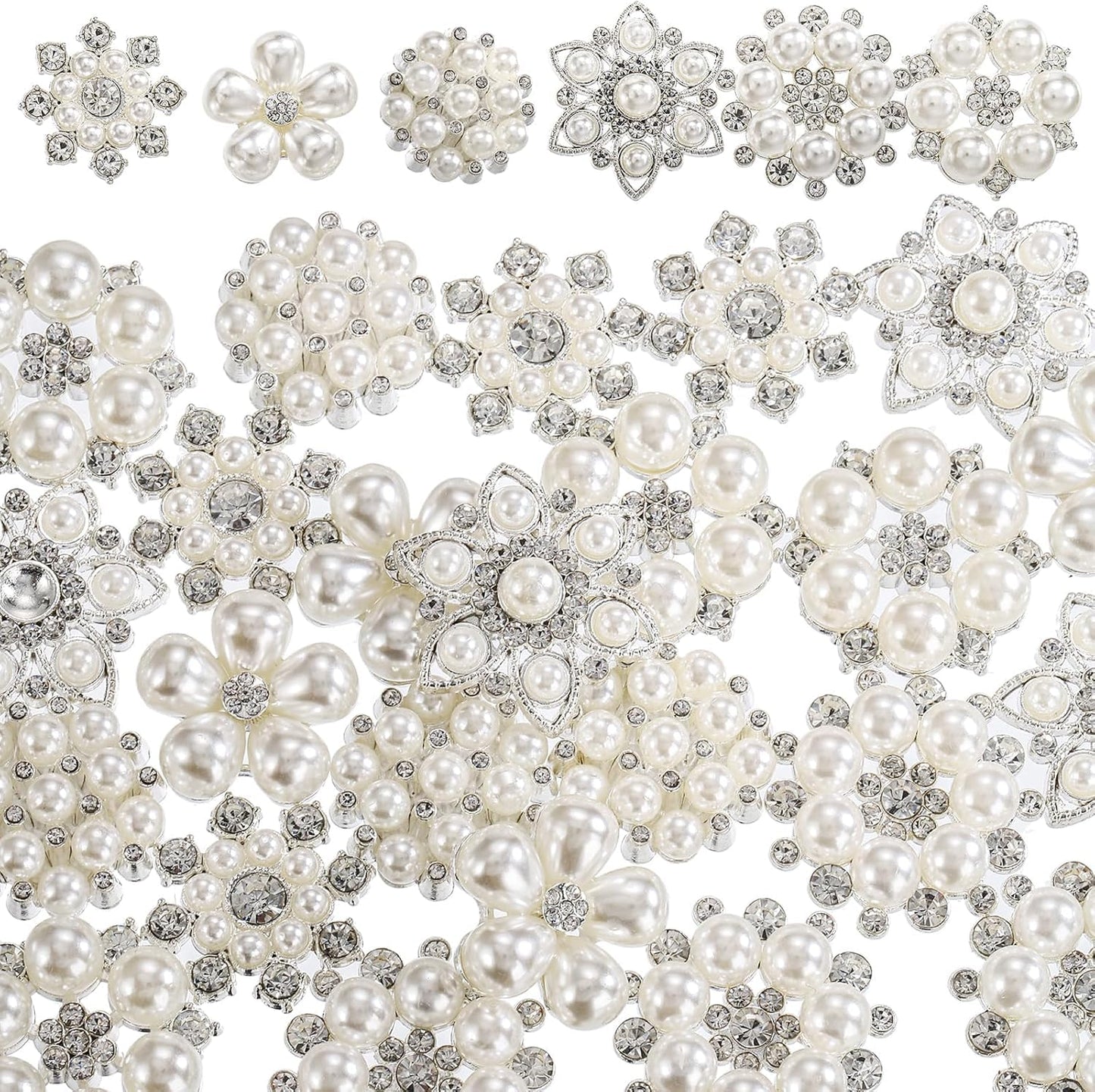 Frcctre 30 Pack Pearl Rhinestone Buttons, 6 Styles Embellishments Button Faux Pearl Button, Flat Back Flower Crystal Buttons for DIY Craft Jewelry Making Wedding Bridal Bouquet Party Home Decoration