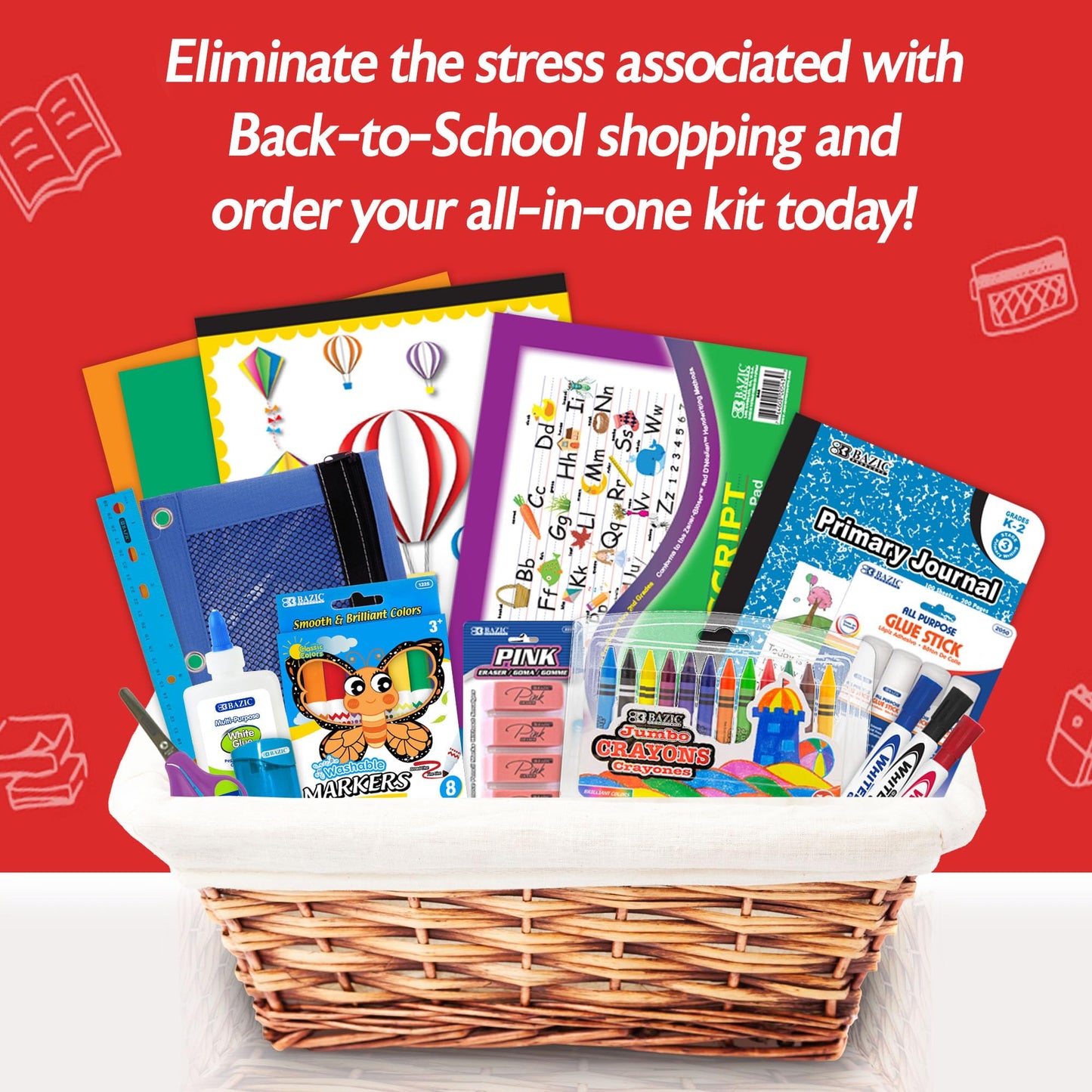 BAZIC PRODUCTS Primary School Supply Kit, 57-count Student Set for Kindergarten and Elementary Students Grades K–6, Complete School Supplies With Fully Organized Supply Box, 1-pack