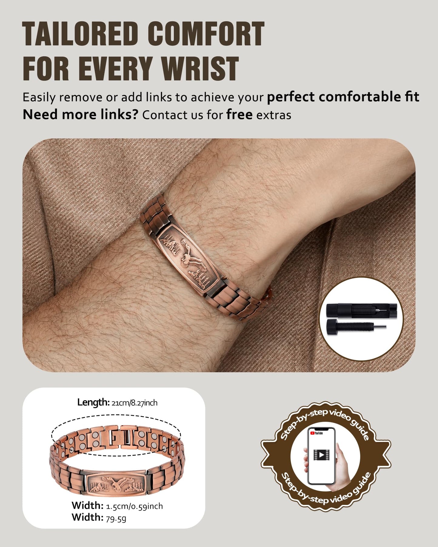 Jecanori Pure Copper Bracelet for Men, 2X Strength Magnetic Bracelets for Men, Ideal Gift