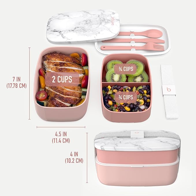 Bentgo Classic - Adult Bento Box, Stackable 3-Compartment Lunch Box with Removable Utensil Set and Sealing Strap, BPA-Free, Food Container Ideal for Meal Prep, Work, and On the Go (Blush Marble)