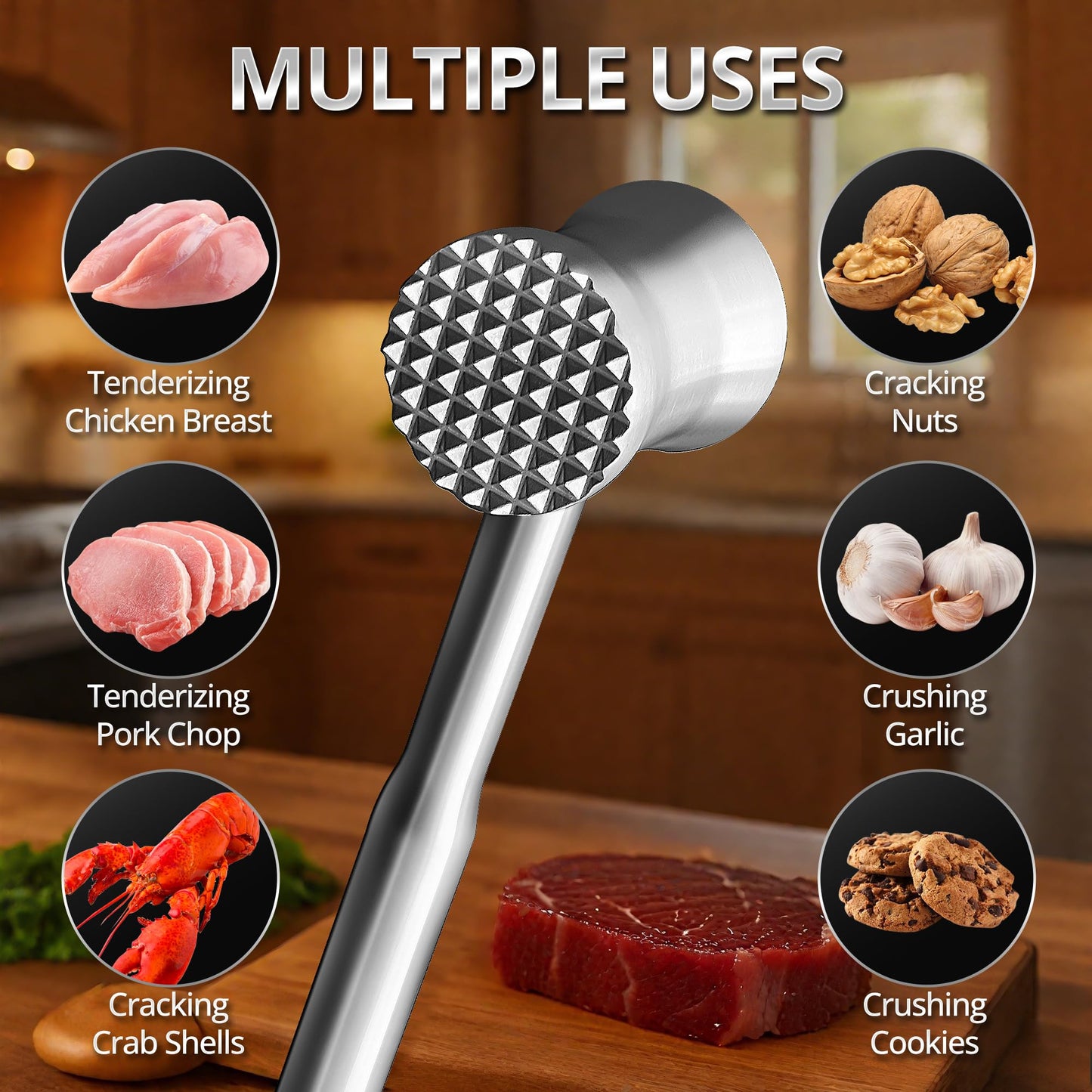 Stainless Steel Meat Tenderizer Hammer – Heavy-Duty All-Metal Design, Anti-Rust & Dishwasher Safe – Textured Surface for Steak, Chicken, Pork, and More,6 - YEAR WARRANTY