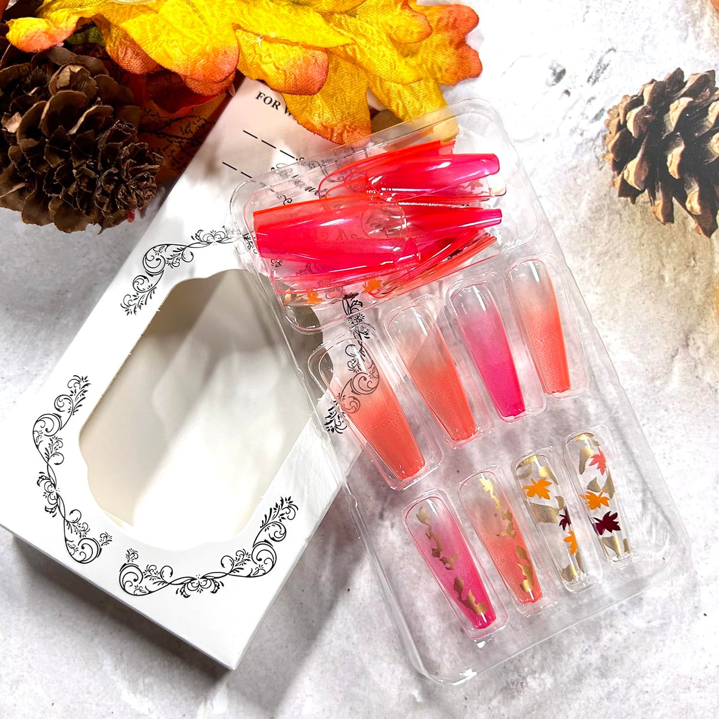 Thanksgiving Press on Nails Long Ballet Shaped Maple Leaf Sequins Design Fall False Nail Full Cover Glossy Gradient Stick on Nail Acrylic Artificial Fingernails Festival Glue on Nails for Women