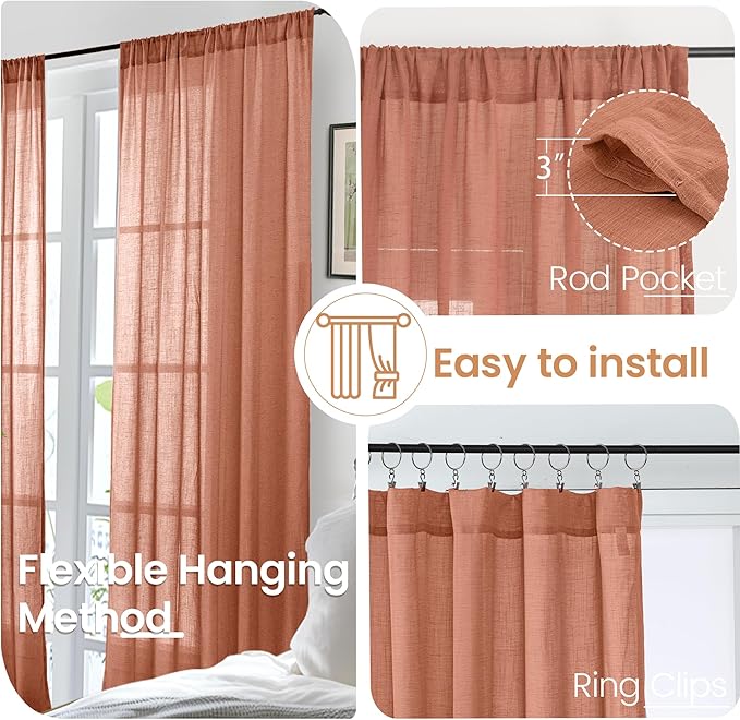 BGment Linen Semi Sheer 80 Inch Curtains for Living Room Windows, Terracotta Light Filtering Drapes with Rod Pocket for Bedroom Dining Burnt Orange Lightweight, 2 Panels Set, Each 52 Inch Wide