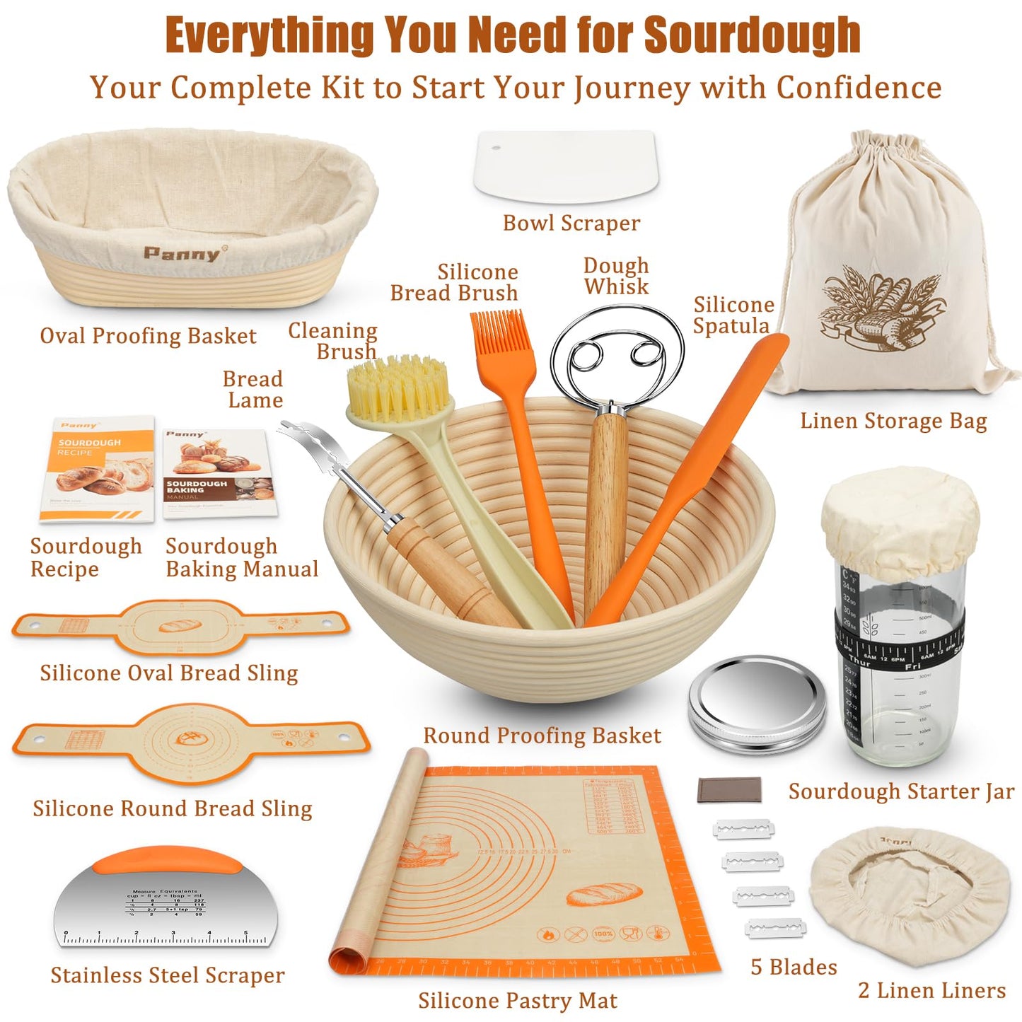 Panny Sourdough Starter Kit, Banneton Bread Proofing Basket with Glass Sour Dough Starter Jar, Sourdough Bread Baking Supplies, Making Tools, 9" Round & 10" Oval Baskets, Complete Gift for Men Women